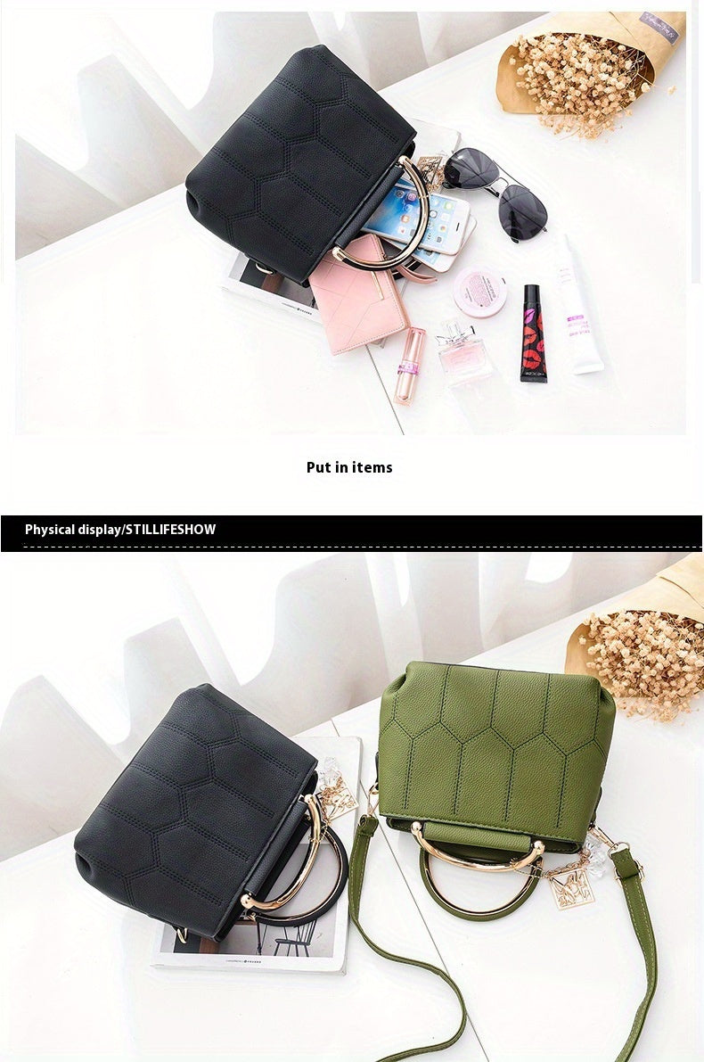 2025 New Women's Geometric Hexagon Pattern Crossbody Bag with Adjustable Strap & Golden-Tone Hardware - Zipper Closure, Polyester Lining, Multiple Colors (Khaki/Dark Gray/White/Pink/Red/Black) - Versatile for Casual & Formal