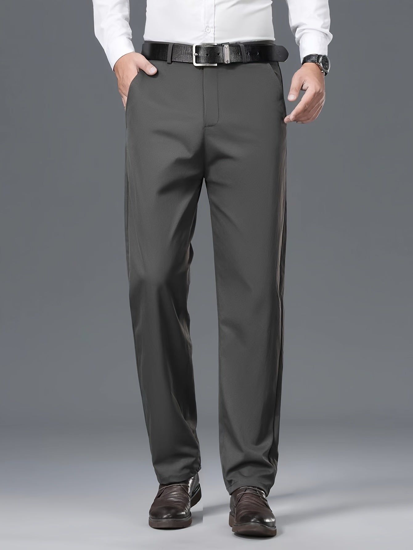 1pc Men'S Spring/Fall Light Business Casual Straight Leg Pants, 100% Polyester, Solid Color, Slight Stretch, Mid Waist, Regular Fit, Zipper Fly, Woven, No Lining - Versatile for Work and Casual Occasions