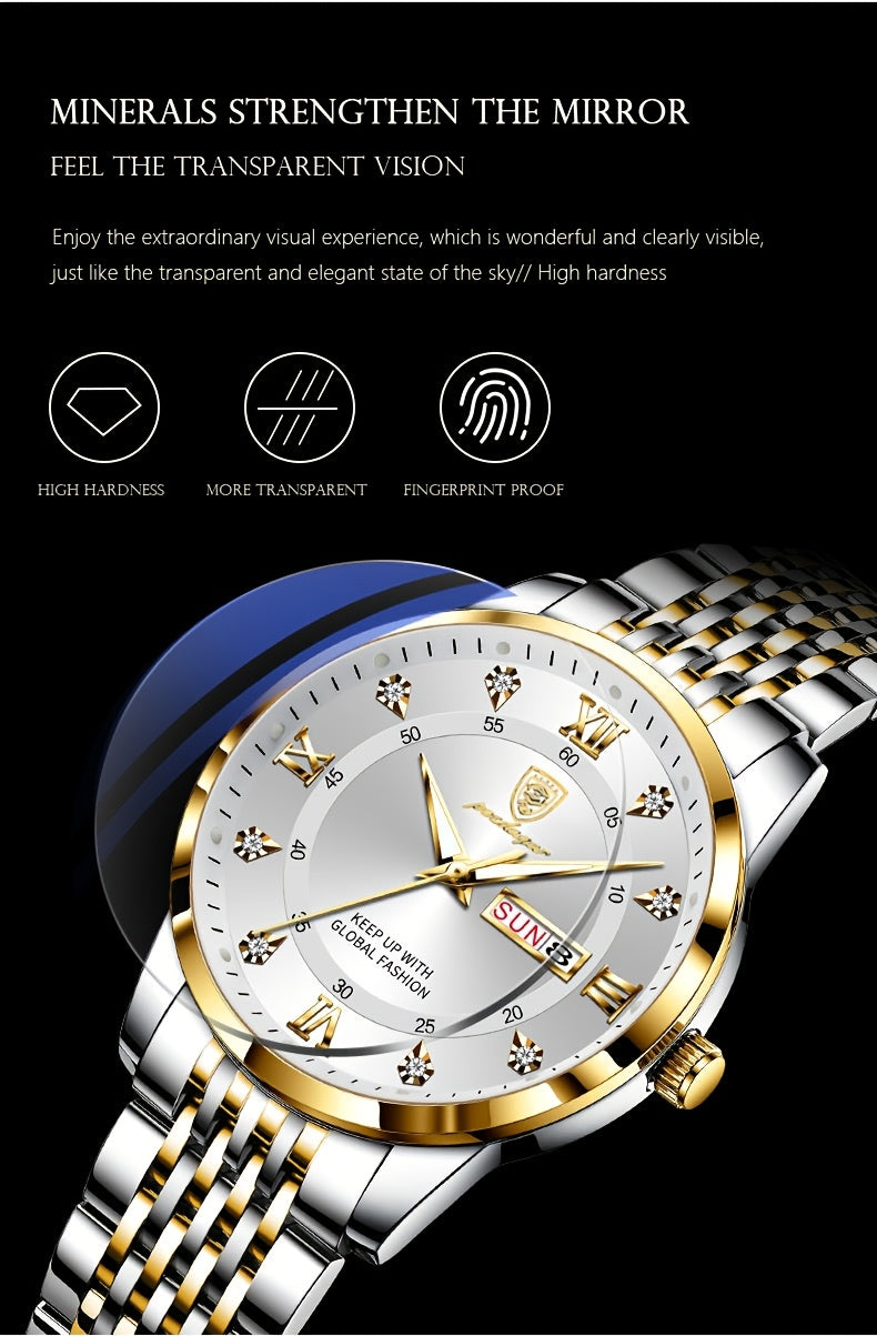 POEDAGAR Classic Men'S Stainless Steel Quartz Watch, IPX8 Luminous Weekly Calendar Watch for Men, Perfect Gift Option, Suitable for Women