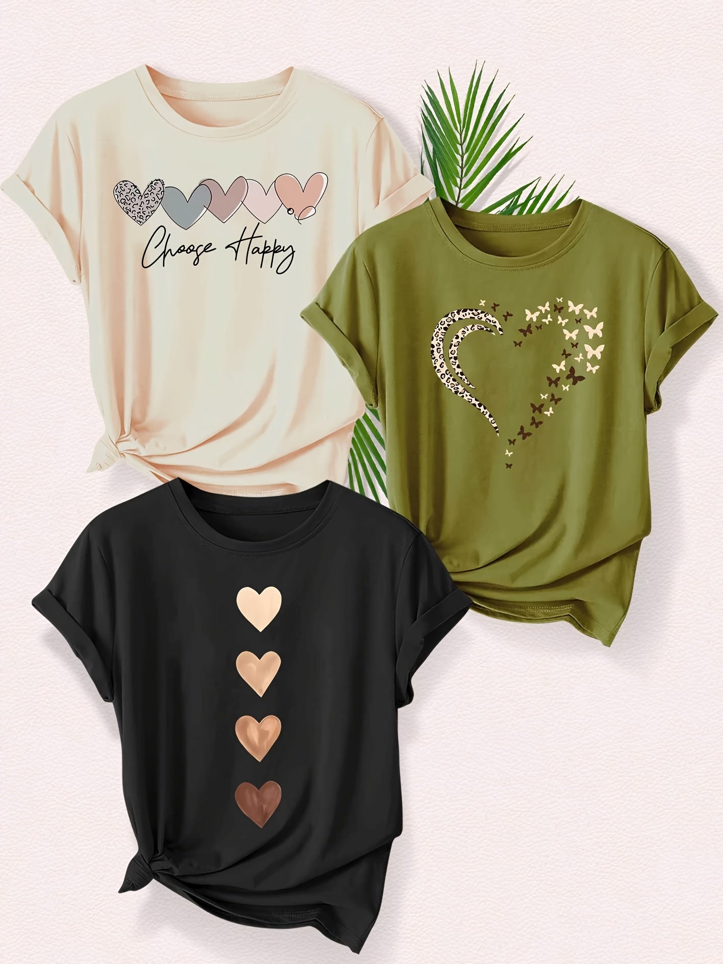 Leopard Print Small Butterfly Love Hearts in Pairs with English Letter Pattern Printed Fashion Retro Style Women's Spring, Autumn and Winter Casual Sports Top Round Neck Short Sleeve T-shirt 3pcs Combination Pack Family Pack