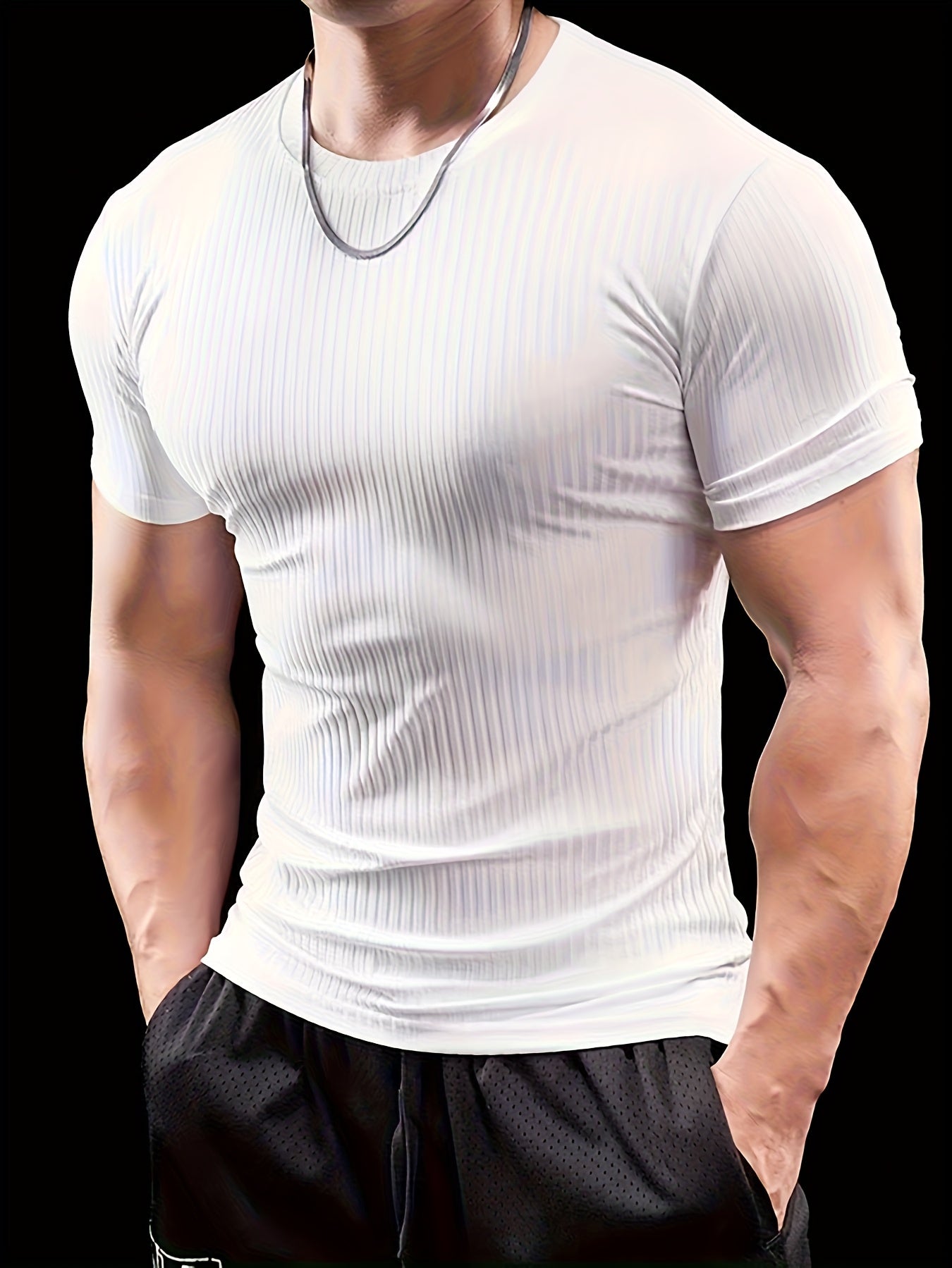 Men's Slim Fit Ribbed Short Sleeve T-Shirt - Stretchy Athletic & Casual Wear, Green, Round Neck, Machine Washable, Muscle-Enhancing Design, Gym Shirts