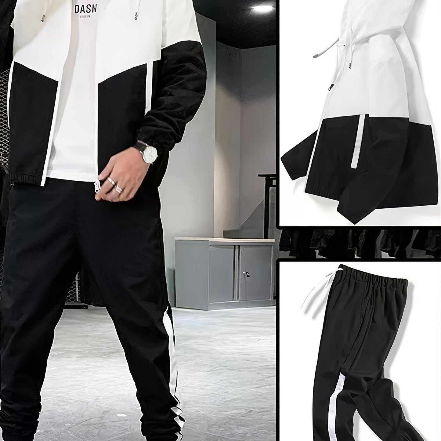 Men's Spring Autumn Outdoor Sports Training Casual Color Block Stitched Hoodie Adjustable Set Home Top and Pants Fashionable Windproof Jacket Pants Two-Piece Suit