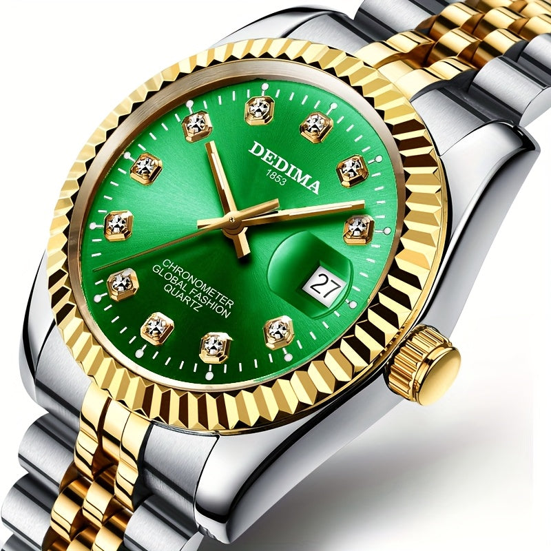DEDIMA Elegant Stainless Steel Band Calendar Watch, Quartz Movement, Round Dial with Rhinestones, Battery-Powered, Non-Rechargeable Button Battery, Regular Cleaning, for Men, Women, Students, Christmas, Valentine'S Day, Thank