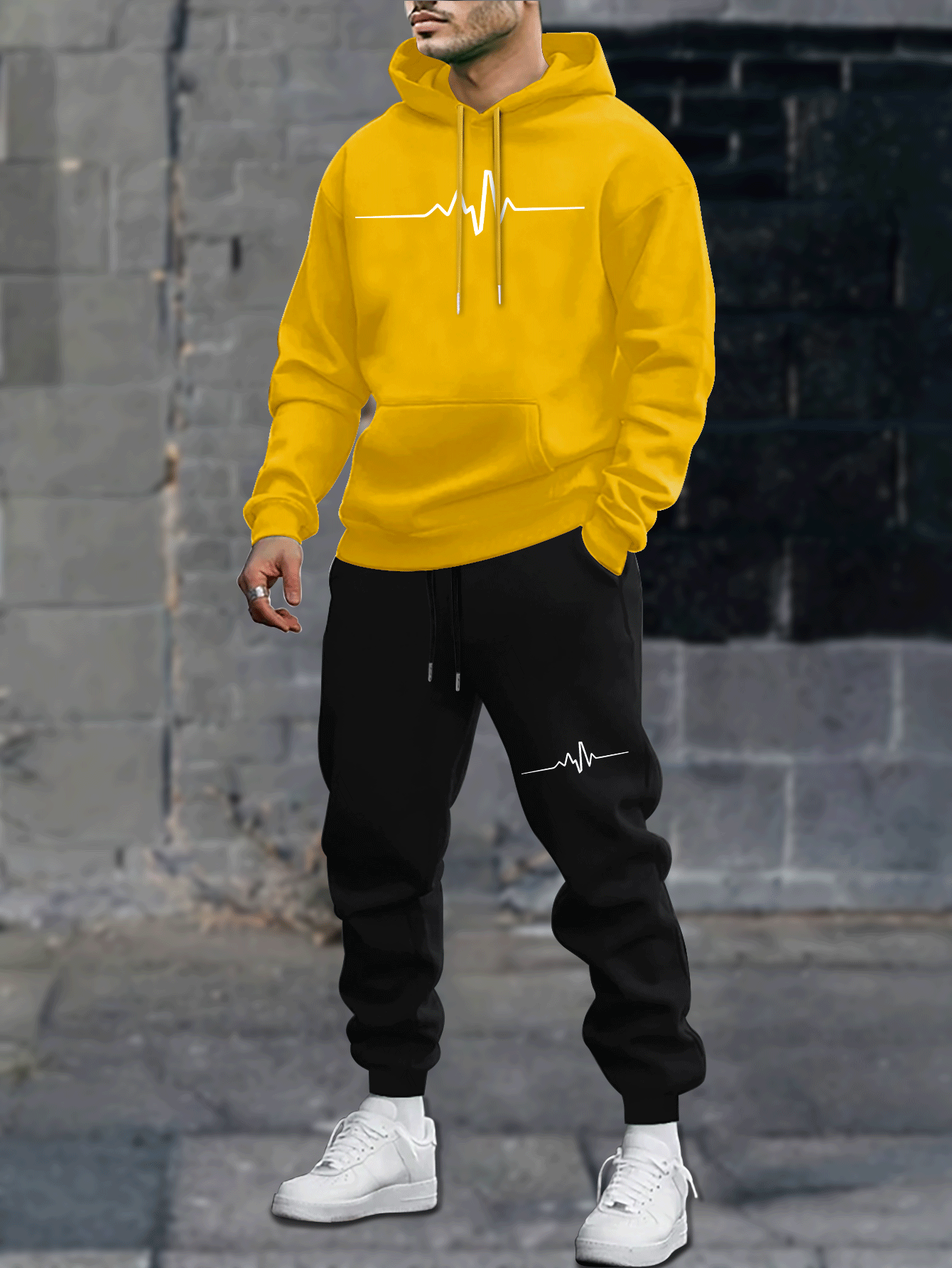 1set Men'S Casual Geometric Heartbeat Pattern Hoodie and Sweatpants Set, Polyester and Spandex Blend, Loose Fit, Hooded Pullover for Autumn/Winter