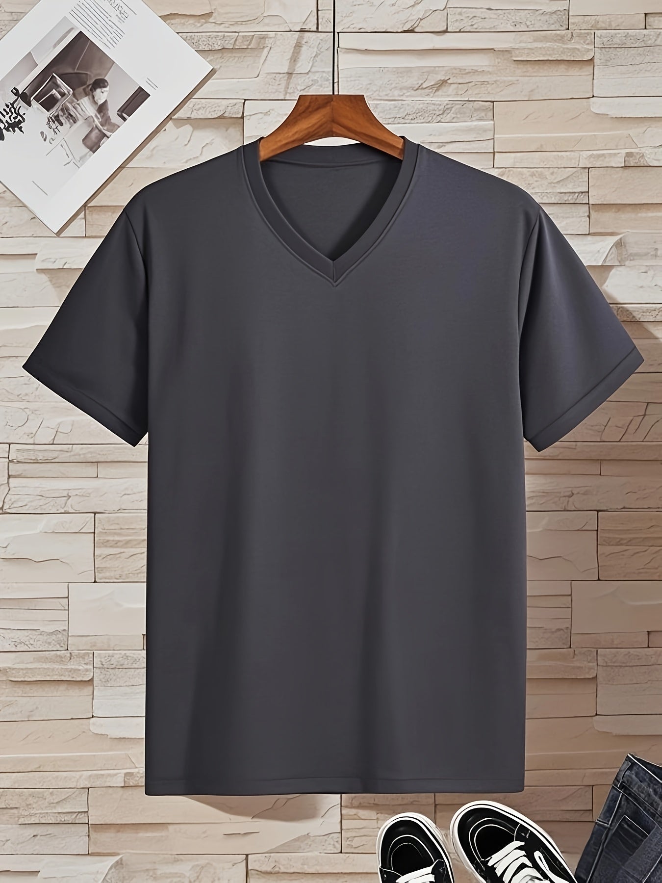 Men'S V-Neck Short Sleeve T-Shirt - Lightweight & Breathable, Casual Fit, Solid Black, Perfect for Summer, High-Quality Knit Fabric, Everyday Tshirt | Casual Style | Comfortable Fit