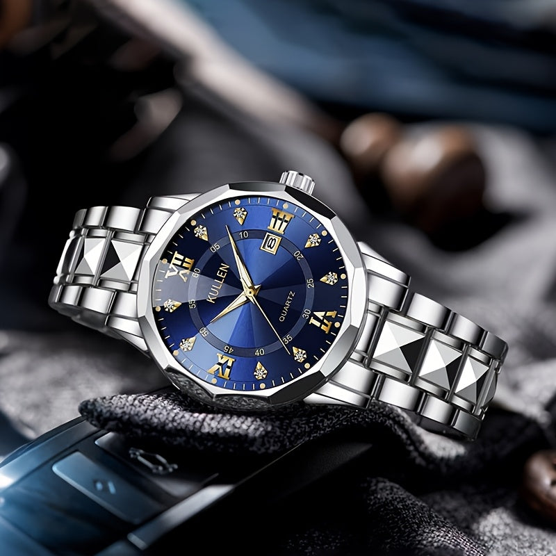 Men's Stylish Business Quartz Watch with Stainless Steel Strap & Alloy Case, Round Blue Dial with Golden Accents – Elegant Analog Display for Formal Occasions, Valentine's Day, Thanksgiving, and Ramadan Gifts