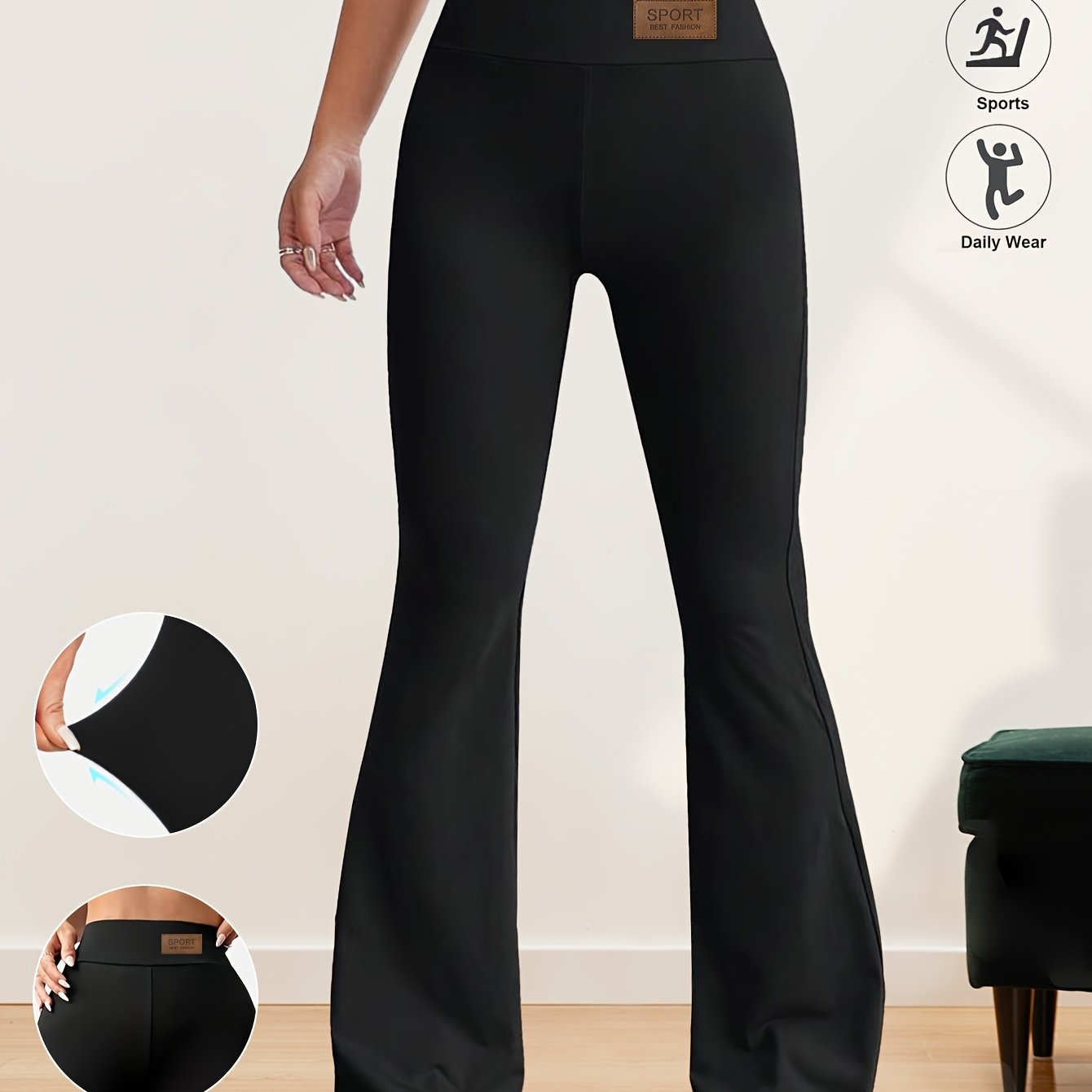 High-Waisted Flared Leggings for Women - Stretchy Black Polyester Pants with Tummy Control, Slimming Fit, and Breathable Design for Spring/Summer/Fall Casual Wear, Spring Summer Leggings | Fitted Leggings | Elastic Waistband