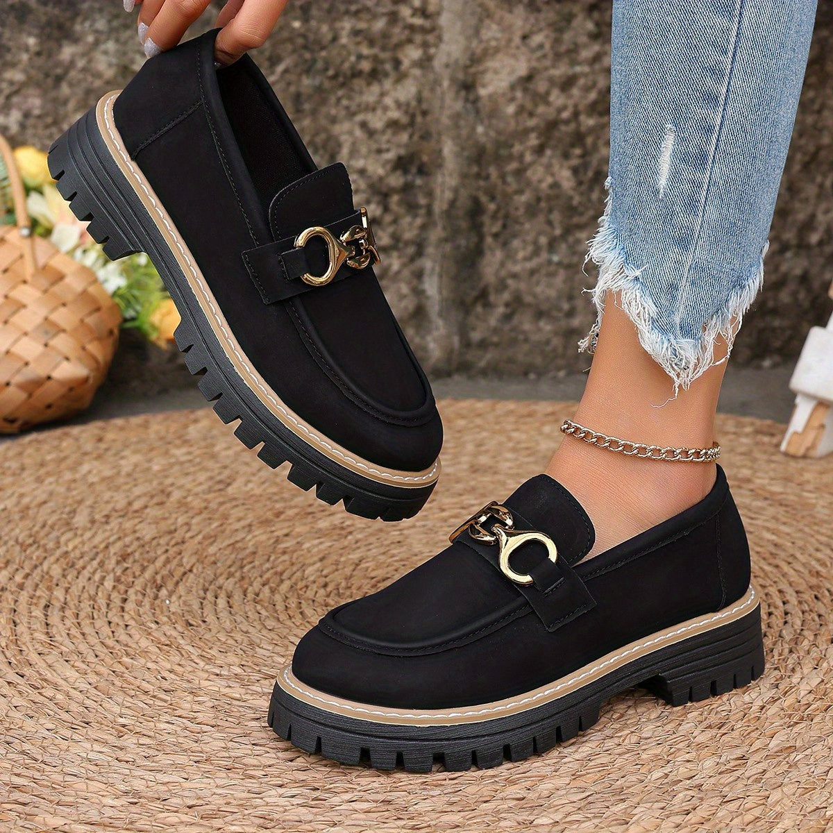 Women's Slip-On Loafers with Golden-Tone Metallic Accents - Synthetic Cover Upper, Non-Slip Rubber Sole, Round Toe Comfort - All-Season Casual & Formal Shoes (Black), Ladies Shoes