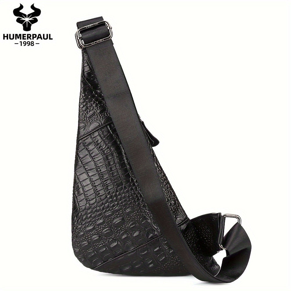 HUMERPAUL Men'S Casual Brown Leather Crossbody Bag with Alligator Print - Adjustable Strap, Multi-Compartment, Everyday Commute Shoulder Bag, Everyday Bag | Casual Style Bag | Adjustable Strap Bag