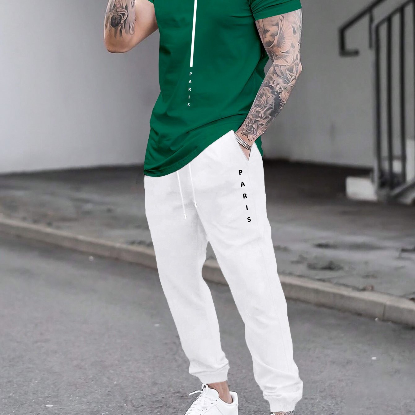 1set Men'S Casual Sportswear Set, Geometric Pattern Short Sleeve T-Shirt and Drawstring Joggers, Knitted Polyester and Elastane Blend, Round Neck, Regular Fit, Four Seasons Outfit