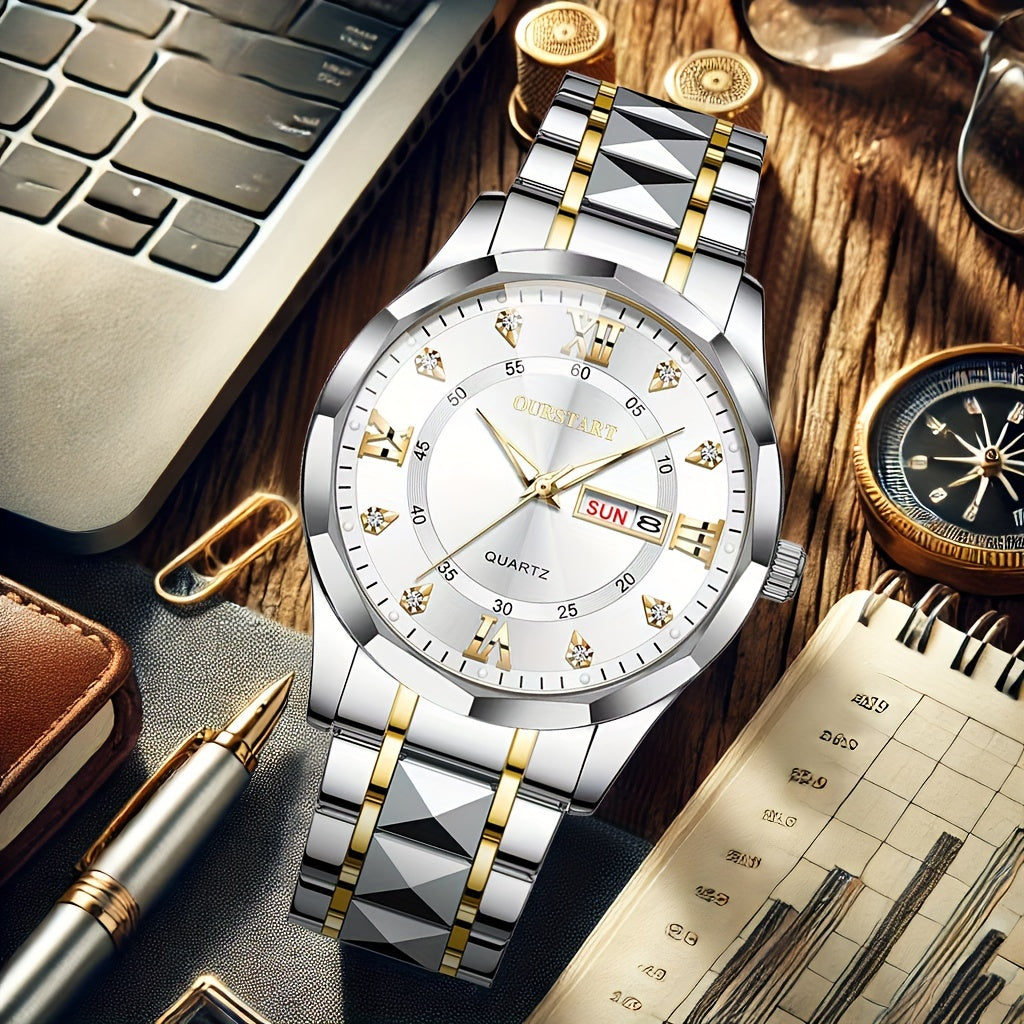 A Men'S Trendy Golden Alloy Luminous Business Casual Quartz Watch with a Steel Band.
