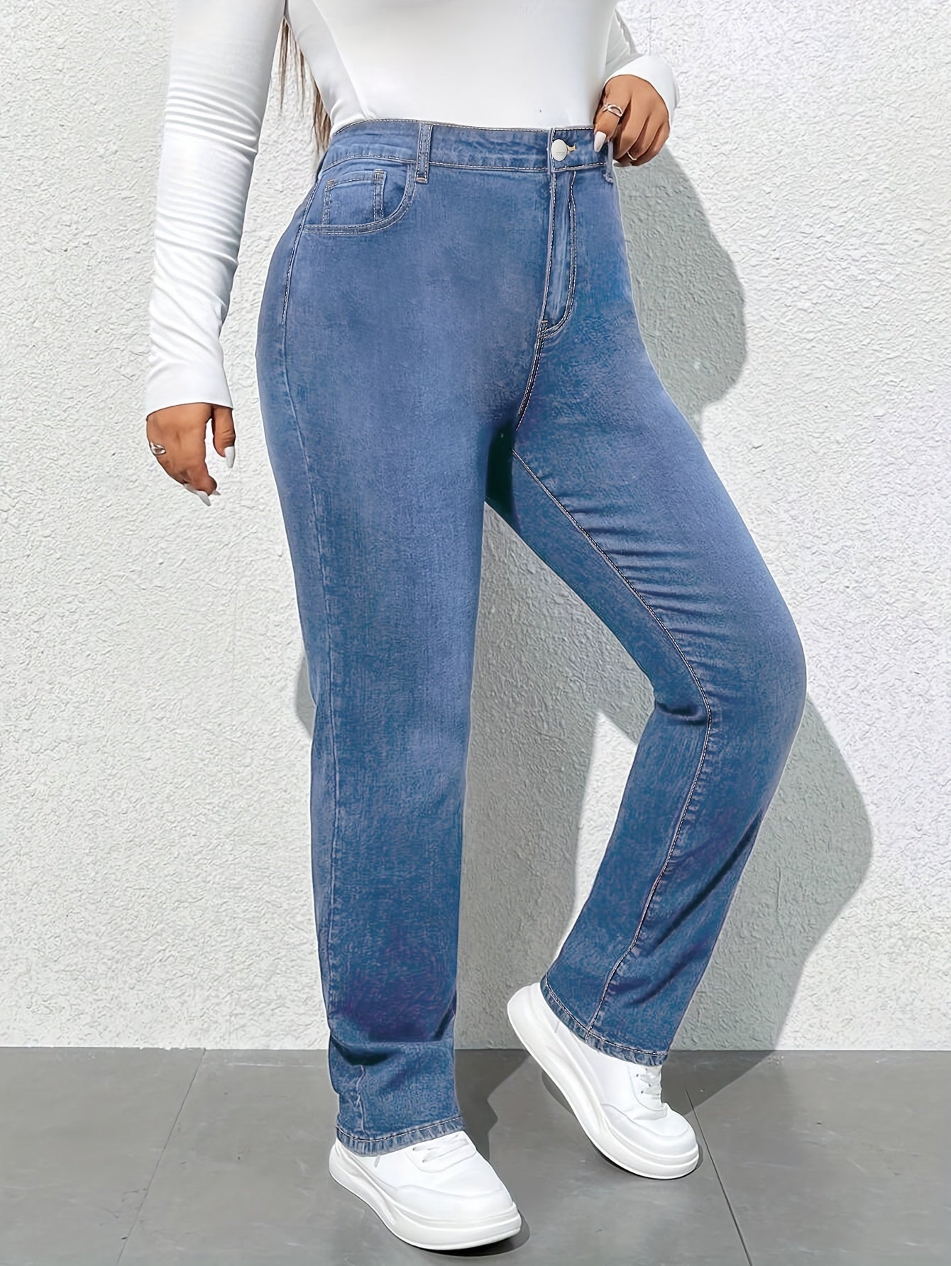 Women's Stretch Straight-Leg Jeans | Elegant Series | Comfortable High-Waist Denim Pants with Built-In Belt and Zip Closure | All-Season Casual Wear | Machine Washable | Multi-Size Available