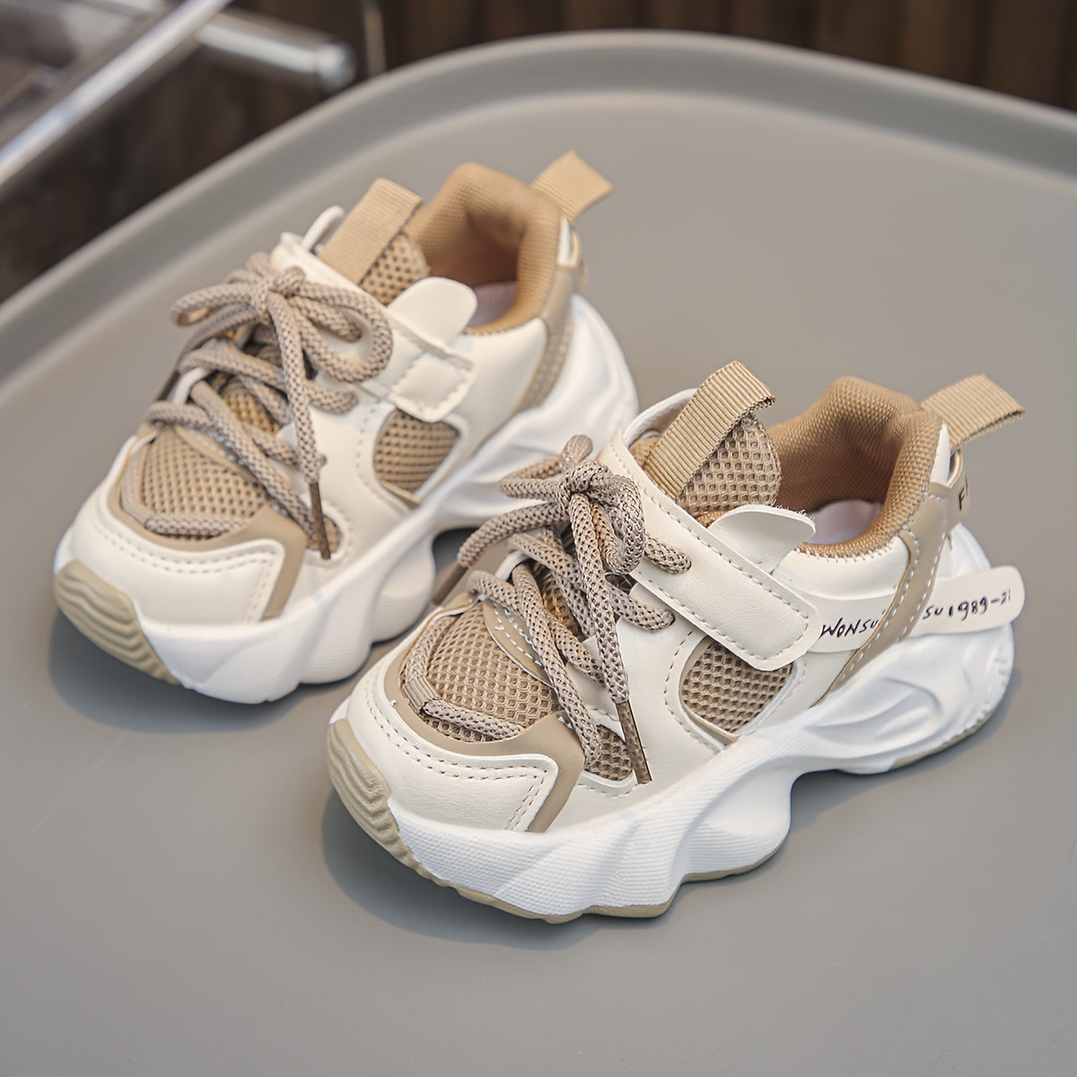 Youngsters' Breathable Mesh Sneakers with Closure - Soft EVA Sole Low-Top Casual Shoes for Youngsters & Youngsters, Lightweight All-Season Comfort, Round Toe Design (Black/White, Pink/Beige, Beige/White), Kid Shoes