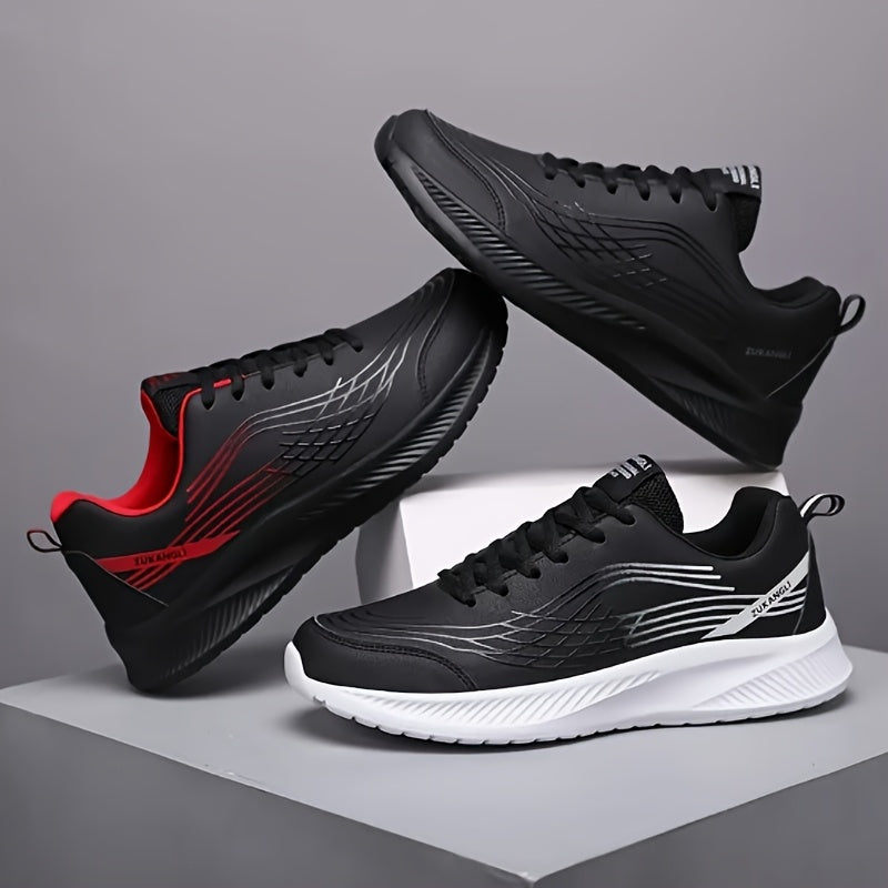 Men's Breathable Lightweight Running Shoes with Air Cushion Technology - Black Low-Top Sneakers for Walking, Jogging, Training & Casual Wear, PU Upper & MD Sole, All-Season Comfort, Sleek Sporty Design, Cushioned Support
