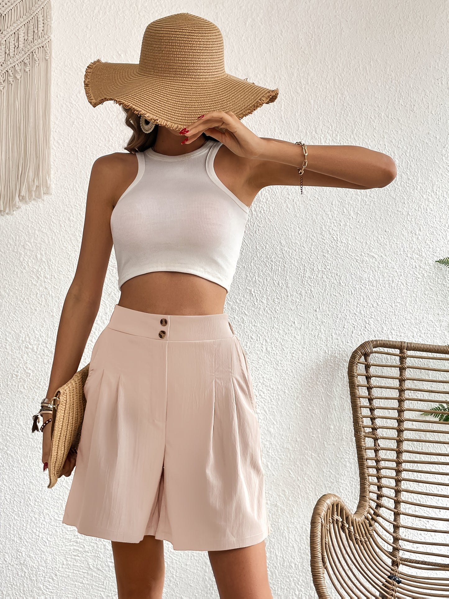 Women's Casual High-Waisted Wide-Leg Shorts with Elastic Waistband & Slant Pockets - Beige, Loose Fit, Solid Color, Perfect for Casual Attire, High Waisted Shorts