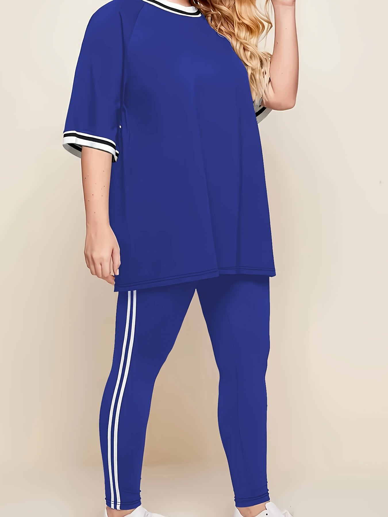 Women'S Plus Size Casual Lounge Set - Gray & White Striped Oversized T-Shirt with Matching Joggers, Comfortable All-Season Home Outfit, Joggers for Women