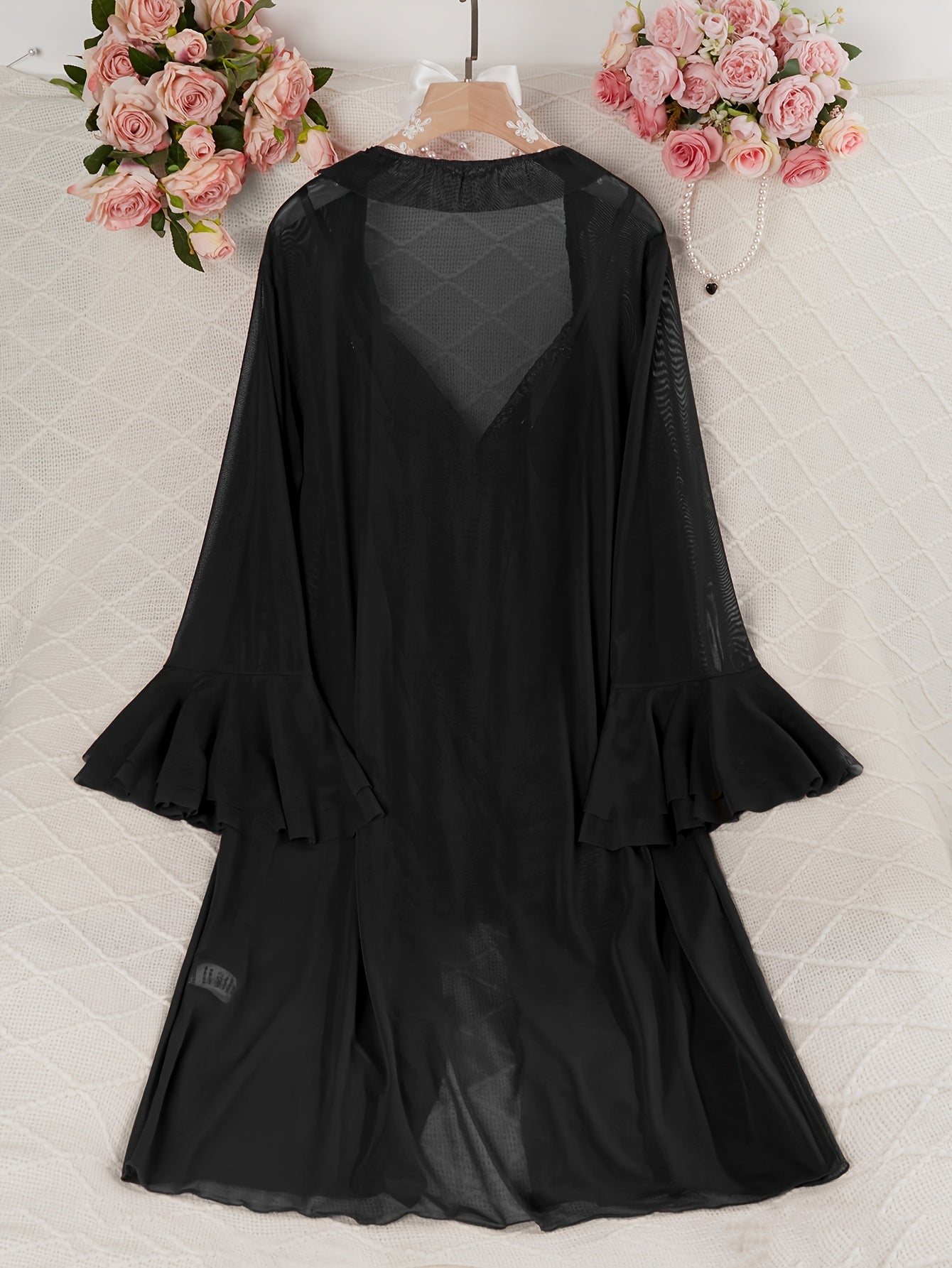 Sexy Mesh Semi-Sheer Strap+Cute Ruffle Long Sleeve Lightweight Mesh Outerwear Pajama Set