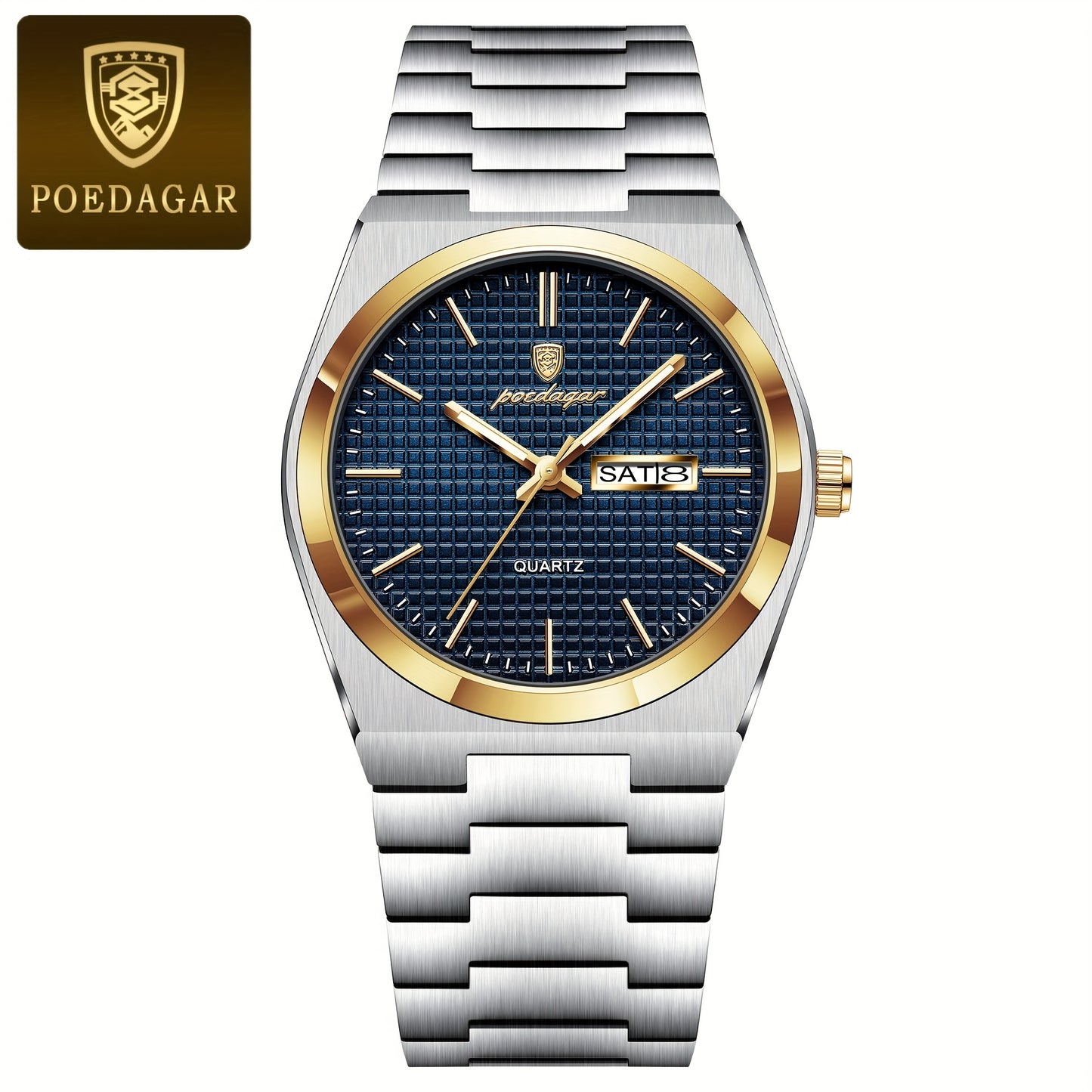 POEDAGAR Elegant Women'S Quartz Watch, Luminous Calendar, Stainless Steel Band, Round Alloy Case, Fashionable Night-Glowing Dial with Blue & Orange Accents