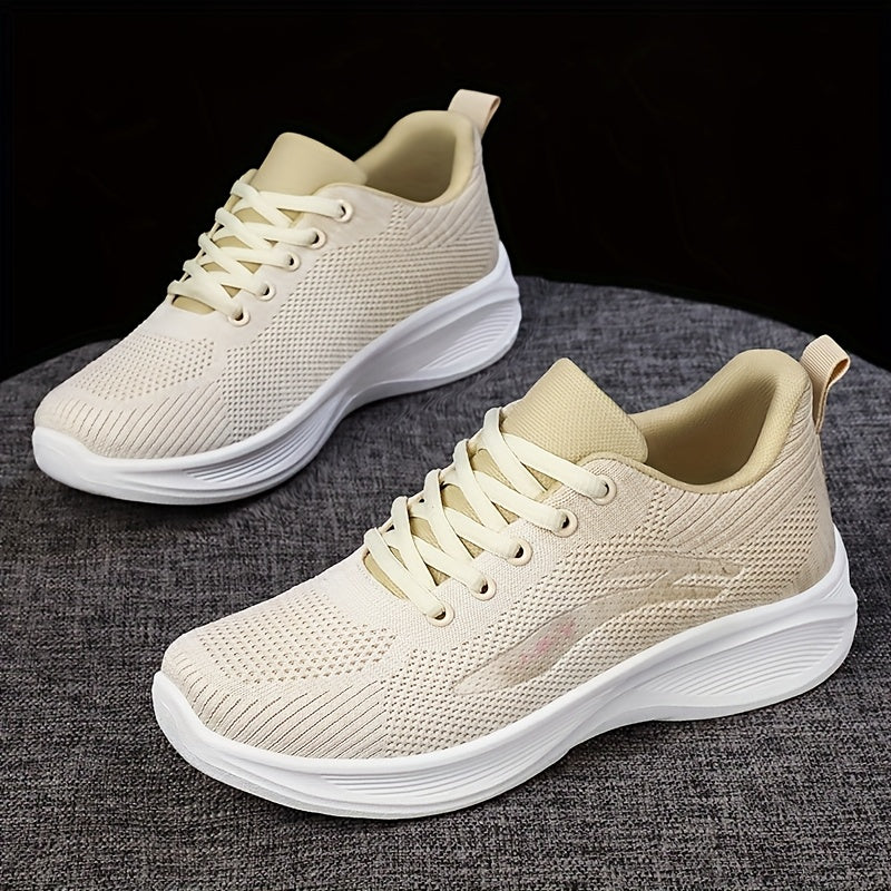 Breathable Mesh Casual Sneakers for Women - Lightweight Low-Top Lace-Up Shoes with Flexible PVC Sole, Neutral Beige, Perfect for Everyday Spring Wear, Breathable Athletics | Mesh Sneakers | Comfortable Fit