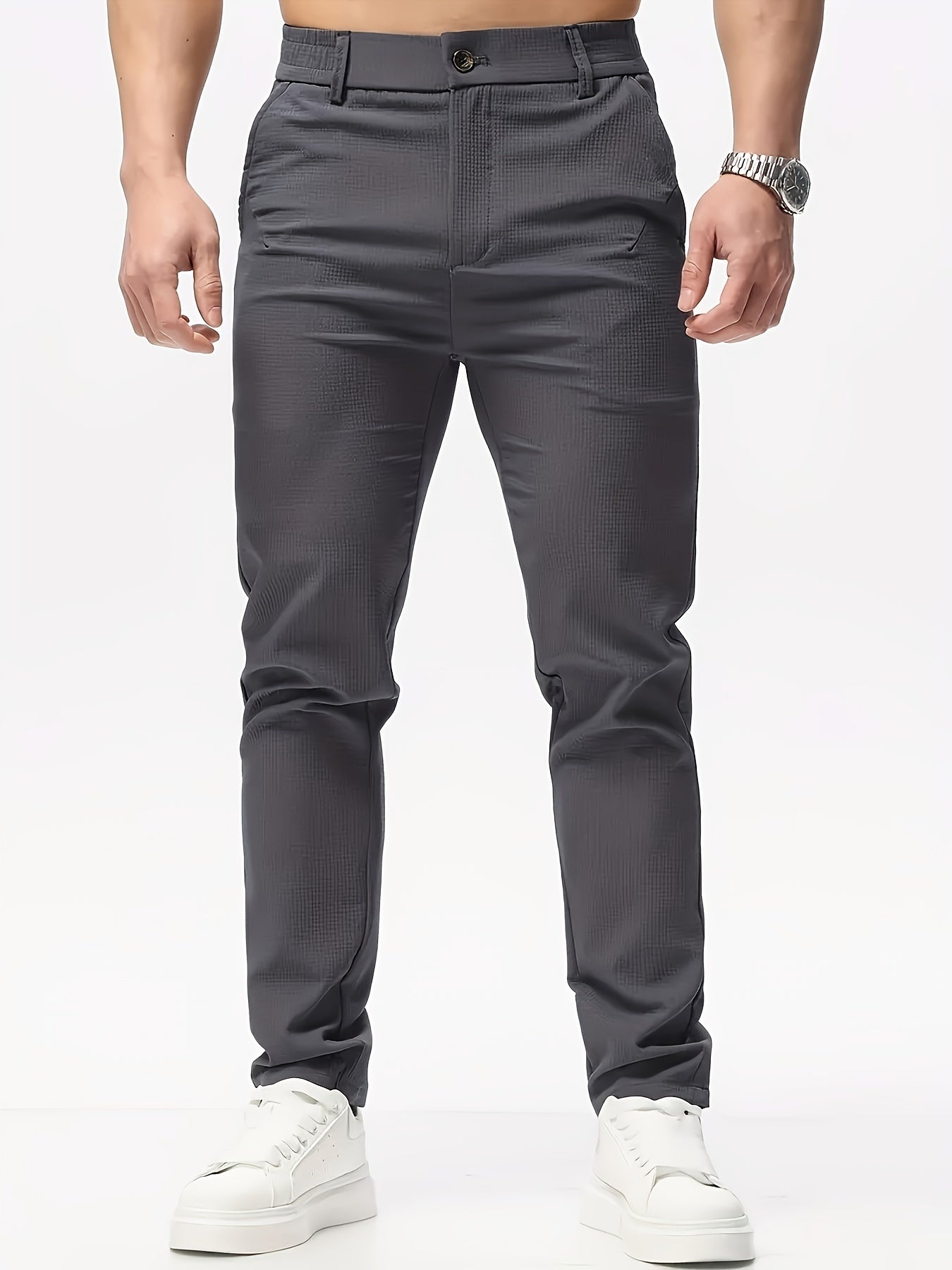 Men's Casual Solid Color Pants - Polyester, Machine Washable, Button Detail, Regular Fit for All Seasons