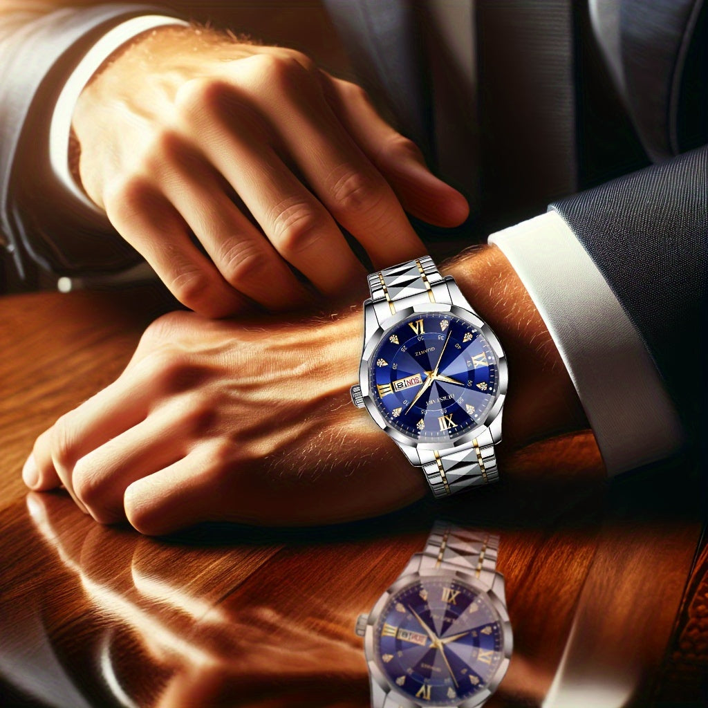 A Men'S Trendy Golden Alloy Luminous Business Casual Quartz Watch with a Steel Band.