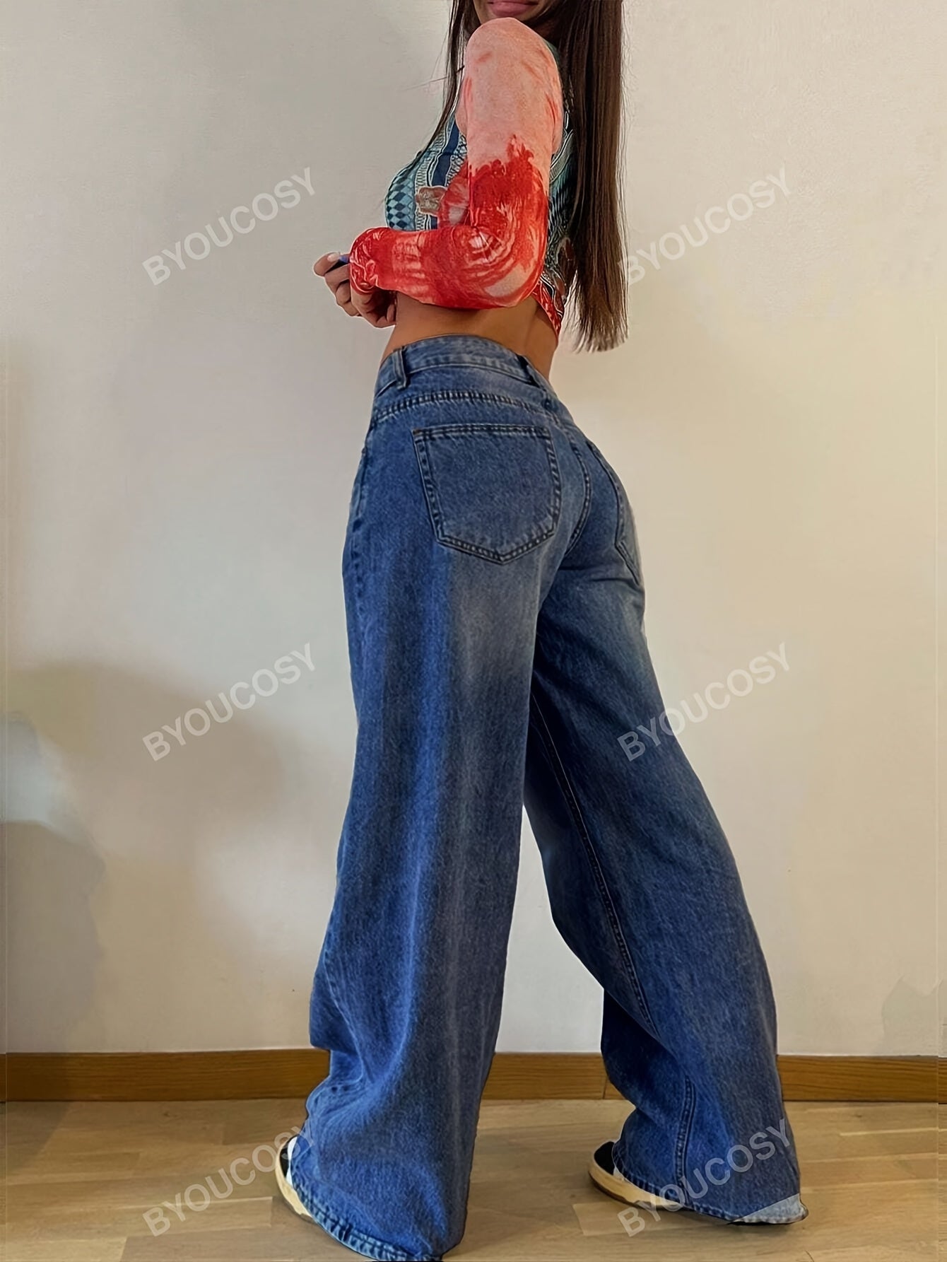 Women's Fashion Wide Leg Jeans, Casual High-Waisted Denim Pants with Pockets, All-Season Solid Color, Comfortable Slimming Design, 54.10% 35.10% Polyester 9.50% Viscose 1.30% Elastane