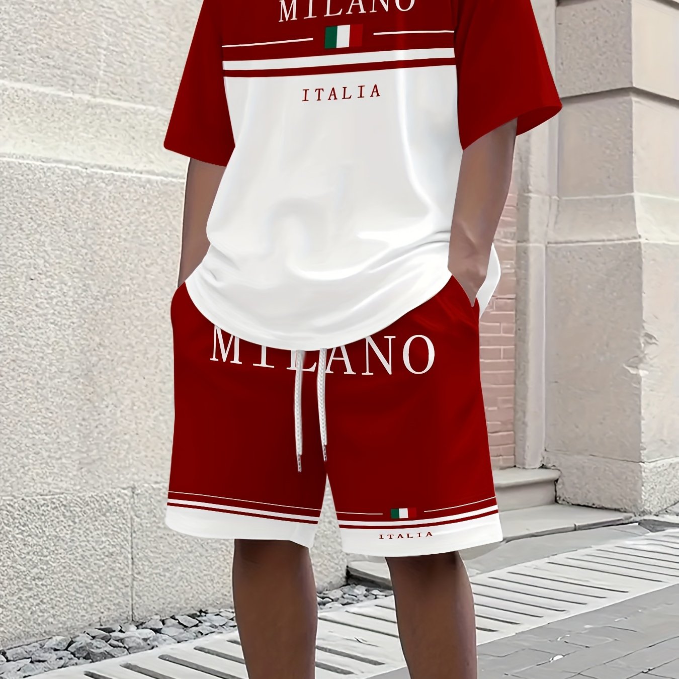 Men'S Casual "Milano Italia" Graphic Tee & Shorts Set - Black & White, Breathable Summer Outfit with Drawstring Waist, Comfortable for Casual Attire, Casual Attire|Italianinspired Design|Stretchy Fabric
