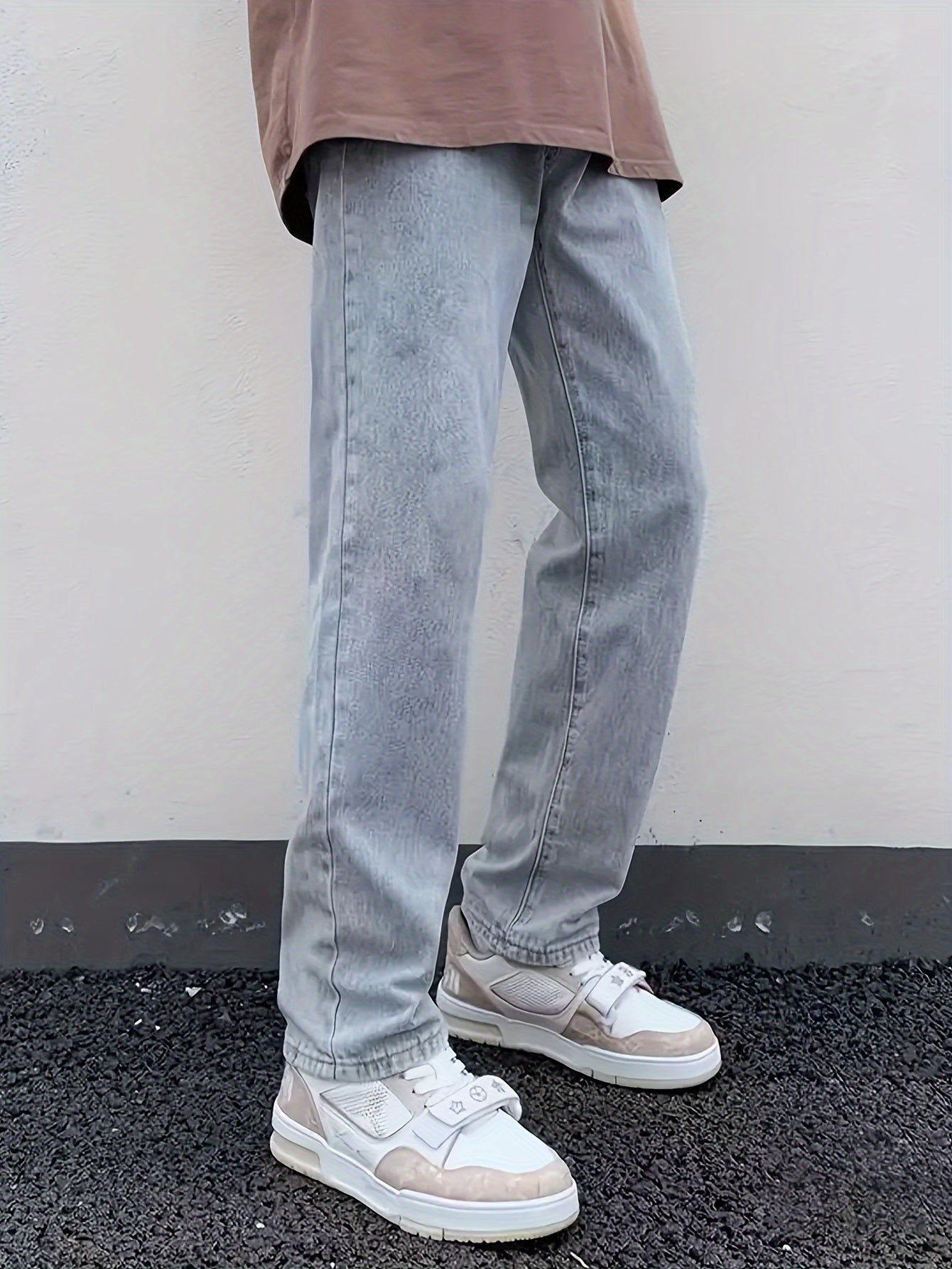 Men'S Loose-Fit Jeans, Cotton Blend Street Style Denim Pants, Non-Stretch Solid Color, Regular Length, with Multiple Pockets for All-Season Wear