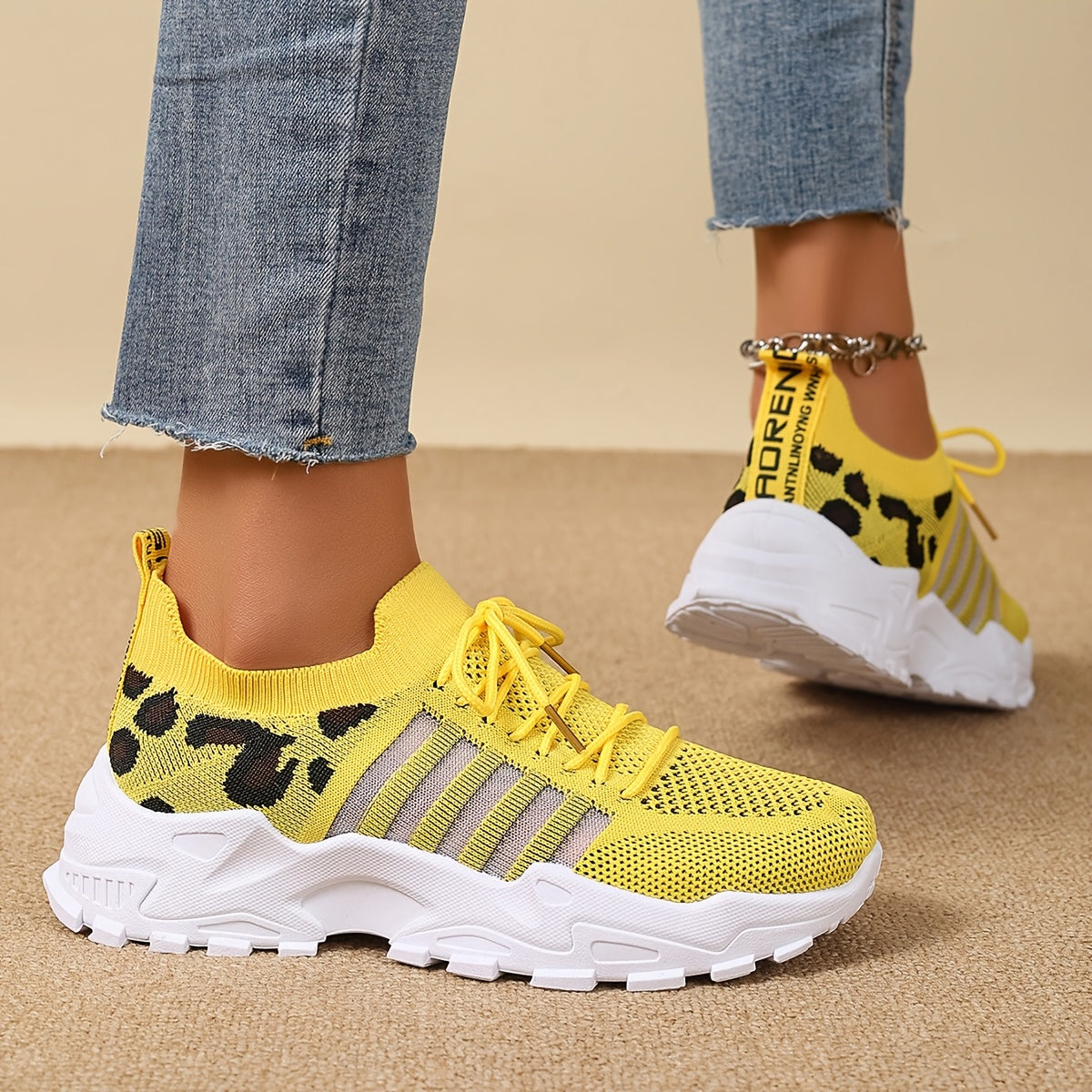 Women's Fashion Leopard Print Lace-Up Sneakers, Breathable Mesh Walking Shoes for Spring/Summer, Lightweight Comfortable Casual Sports Control Footwear with PVC Sole and Microfiber Insole