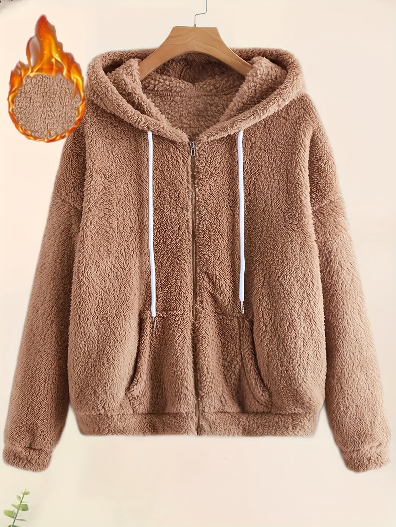 Cozy Fleece-Lined Hooded Jacket for Women - Casual Solid Color with Drawstring, Zip-Up Front, Long Sleeves - Perfect for Fall & Winter