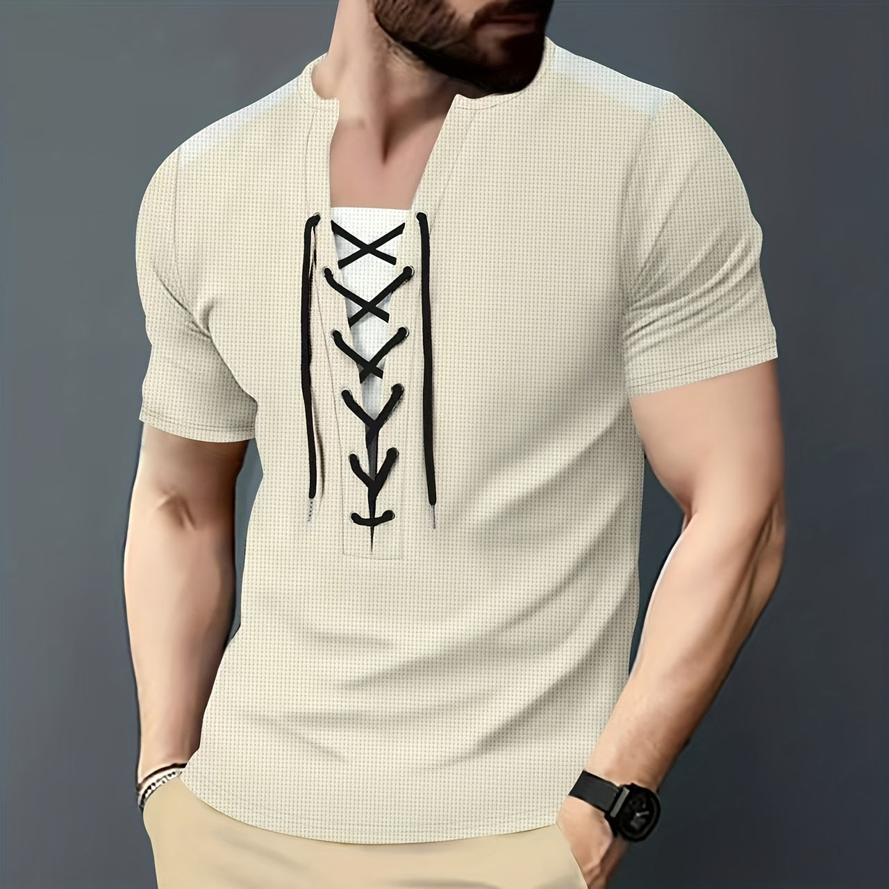 Men'S Casual Waffle Knit Short Sleeve T-Shirt with Drawstring Detail - Maroon & Black, Round Neck, Breathable Polyester Fabric for Summer Outings, Casual Weekend Wear | Round Neck Tee | Stylish Contrast Stitchin