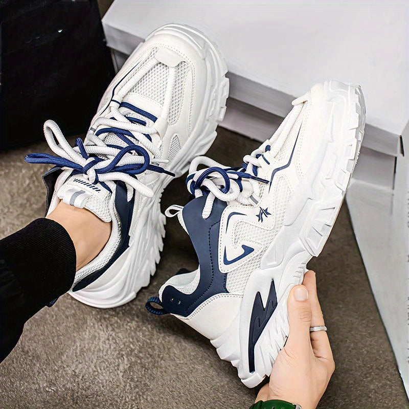 Men'S Breathable Mesh Sneakers with Thick Cushioned Sole - Lightweight Low-Top Lace-Up Shoes for Running, Hiking & Casual Wear, Navy Blue & White Design, All-Season Comfort, Sneakers, Hiking Footwear, Stylish Laceup Shoes, Du