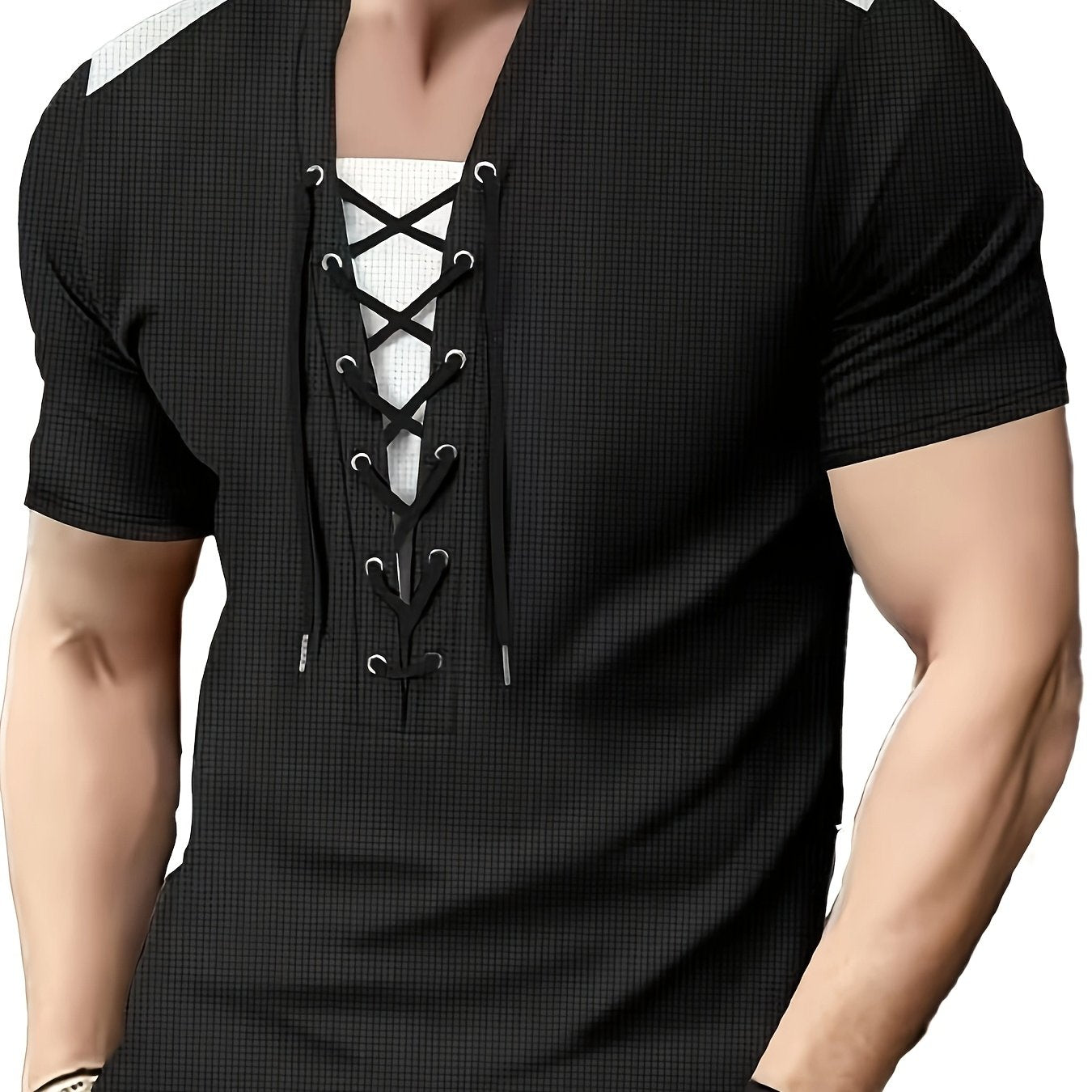 Men'S Casual Waffle Knit Short Sleeve T-Shirt with Drawstring Detail - Maroon & Black, Round Neck, Breathable Polyester Fabric for Summer Outings, Casual Weekend Wear | Round Neck Tee | Stylish Contrast Stitchin