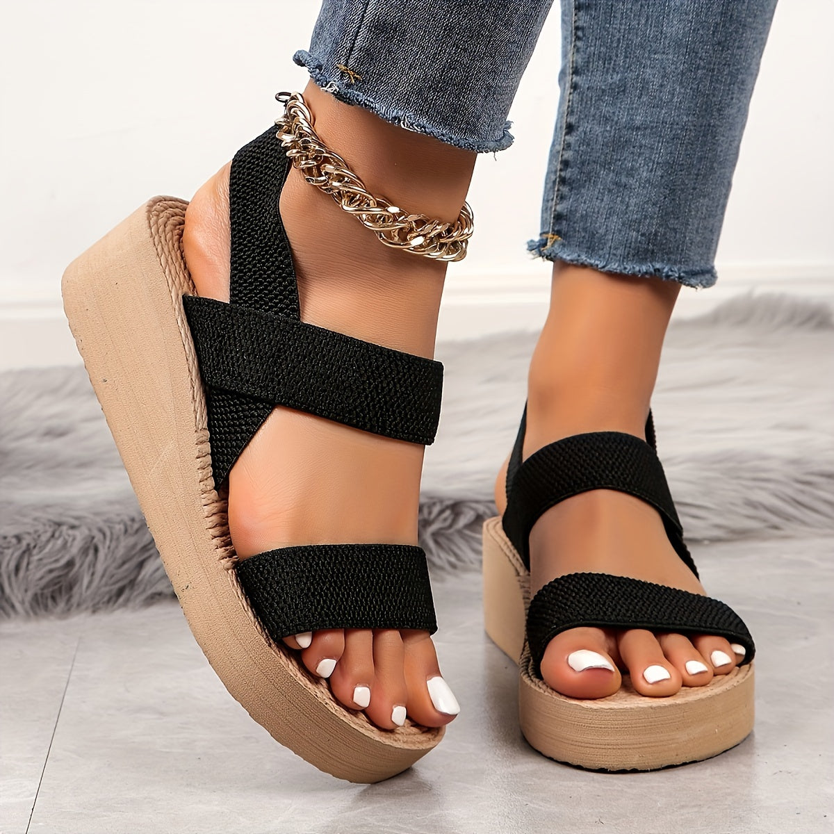 Serene Walk, Women's Summer Wedge Sandals - Comfortable Slip-On Beach Shoes with Elastic Ankle Straps, Round Toe Design, EVA Sole