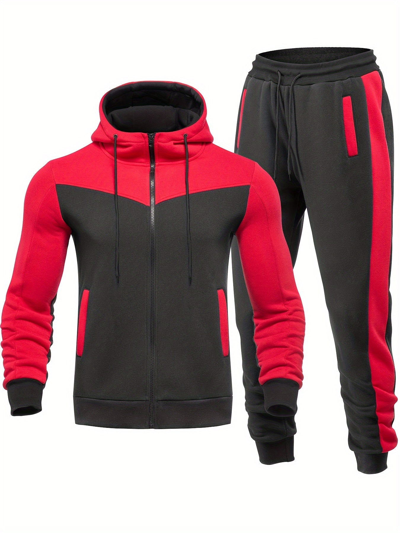 Men'S Casual Hoodie Set for Autumn And Winter, Featuring a Hooded Sweatshirt And a Sporty Cardigan in a Patchwork Design.