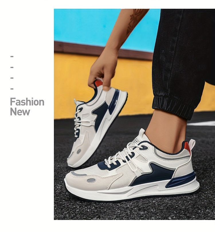 Men's Plus Size Breathable Mesh Casual Sneakers - Low-Top Lace-Up Walking Shoes with Cushioned PVC Sole, All-Season Outdoor & Daily Wear in White/Navy/Red Accents, Outdoor Footwear | Modern Sneakers | Durable Fabric Shoes
