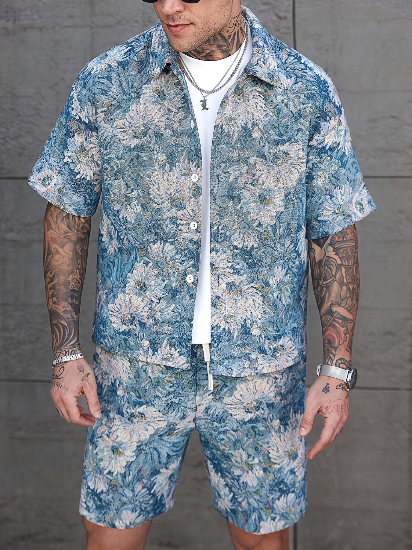 Men'S Summer Casual Short Sleeve Shirt & Shorts Set - Tropical Print, Loose Fit, Button-Up with Collar, Lightweight Polyester Fabric for Outdoor & Leisure Activities, Summer Casual Wear | Tropical Print Shirt | Lightweight Fa