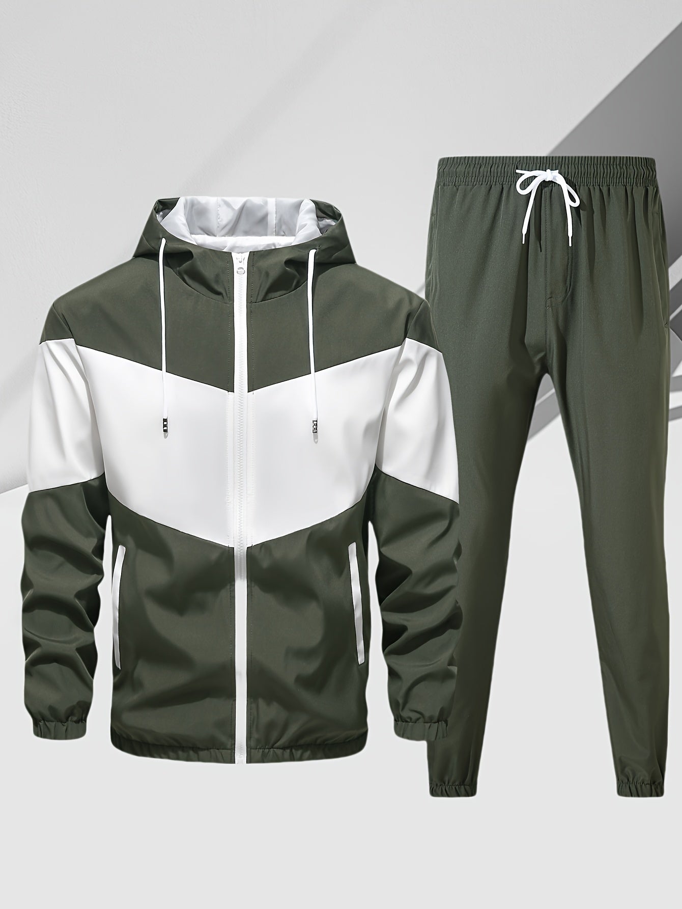 Men's Casual 2-Piece Outfit, Stylish Color Block Zip Up Hooded Jacket, Breathable Solid Color Drawstring Pants