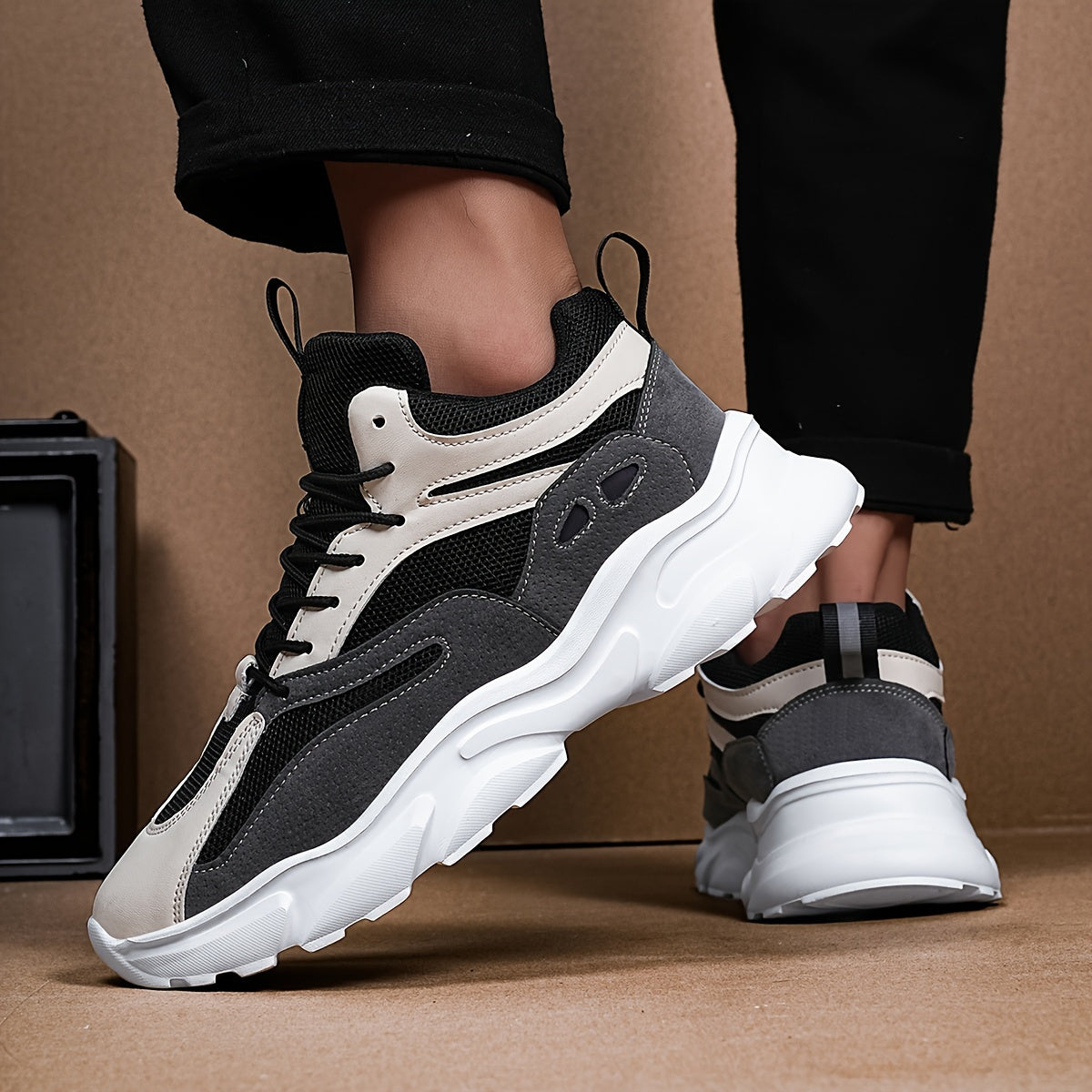 Men's Comfortable Breathable Fashion Sneakers - Stylish Two-Tone Casual Sneakers, Durable Non-Slip EVA Sole, Lace-Up, Low-Top for Everyday & Streetwear