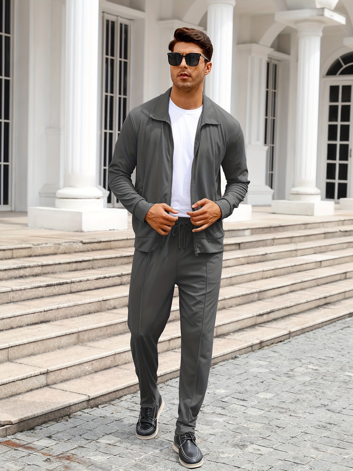 Men's Solid Waffle 2pcs Athletic Outfits, Zip-up Jacket & Pants co ord set for Outdoor Sports