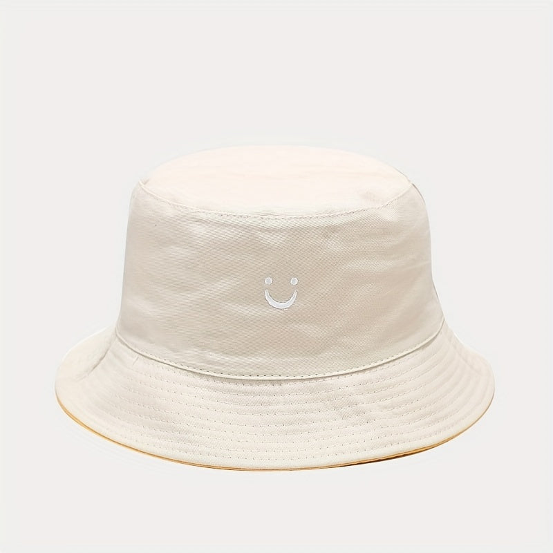 Unisex Black & White Fisherman Hat with joyful Face Embroidery - Double-Sided, Sporty Polyester Bucket Hat for Men and Women, Ideal for Outdoor Activities, Outdoor Hat | joyful Face Embroidery | Durable Headgear