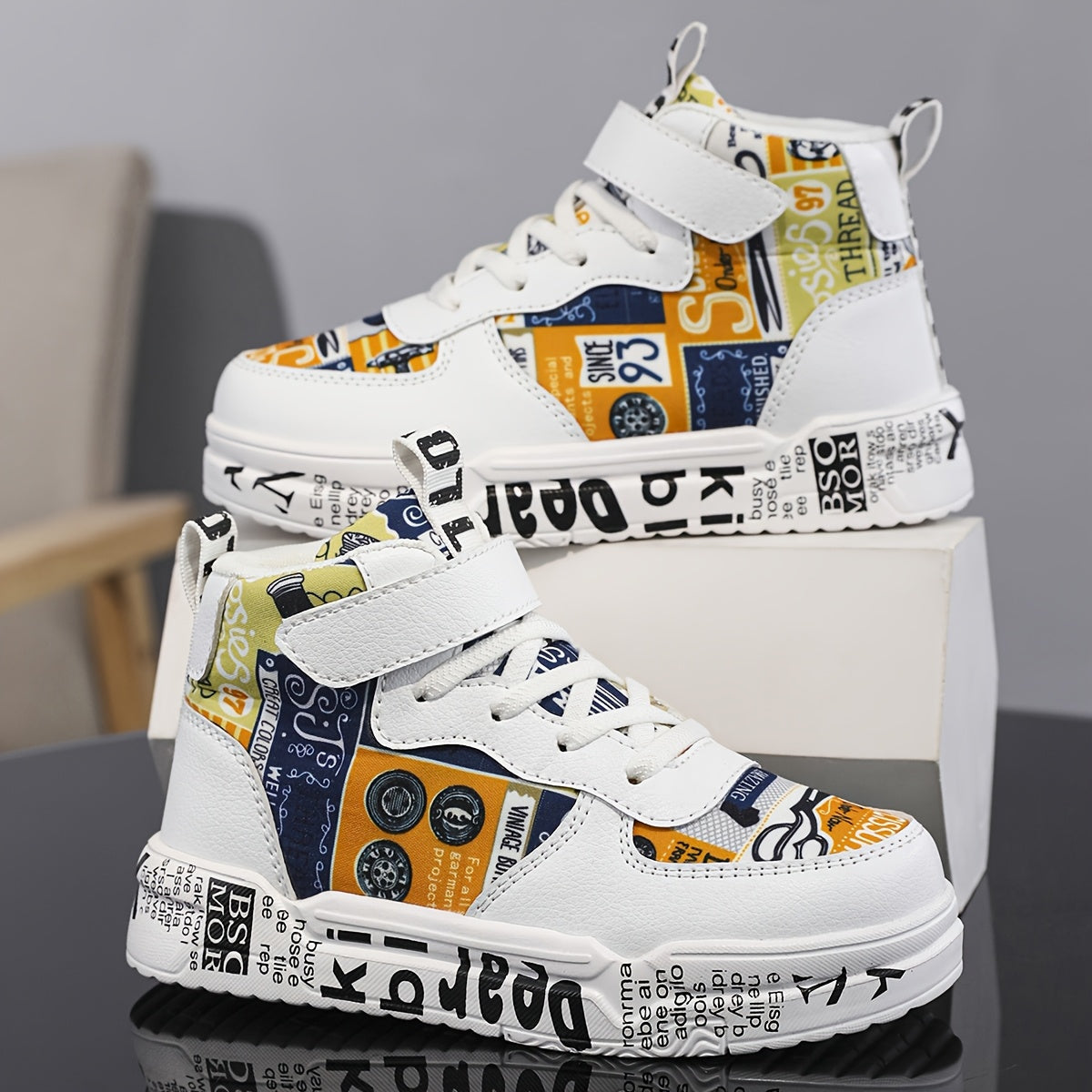 Kids' Trendy High-Top Sneakers with Adjustable Strap, Non-Slip EVA Sole, and Colorful Letter Print - Ideal for Casual and Outdoor Activities, Versatile High-Top Sneakers | Trendy Kids' Shoes | Durable Sneakers