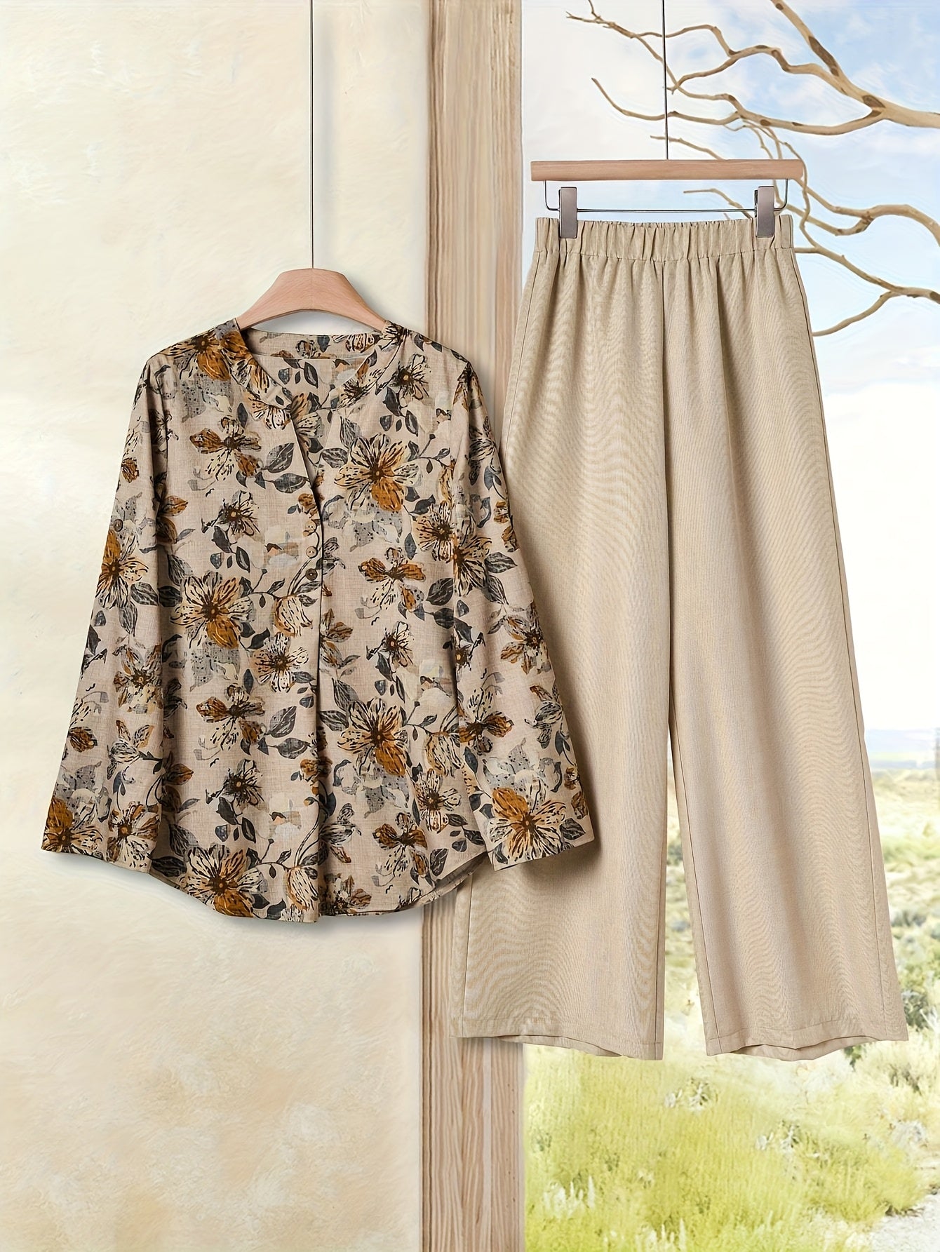 Women'S Elegant Floral Print Blouse & Beige Wide-Leg Pants - Perfect for Spring/Summer, Casual to Semi-Formal Attire, Casual Attire|Floral Print Top|Elegant Blouse