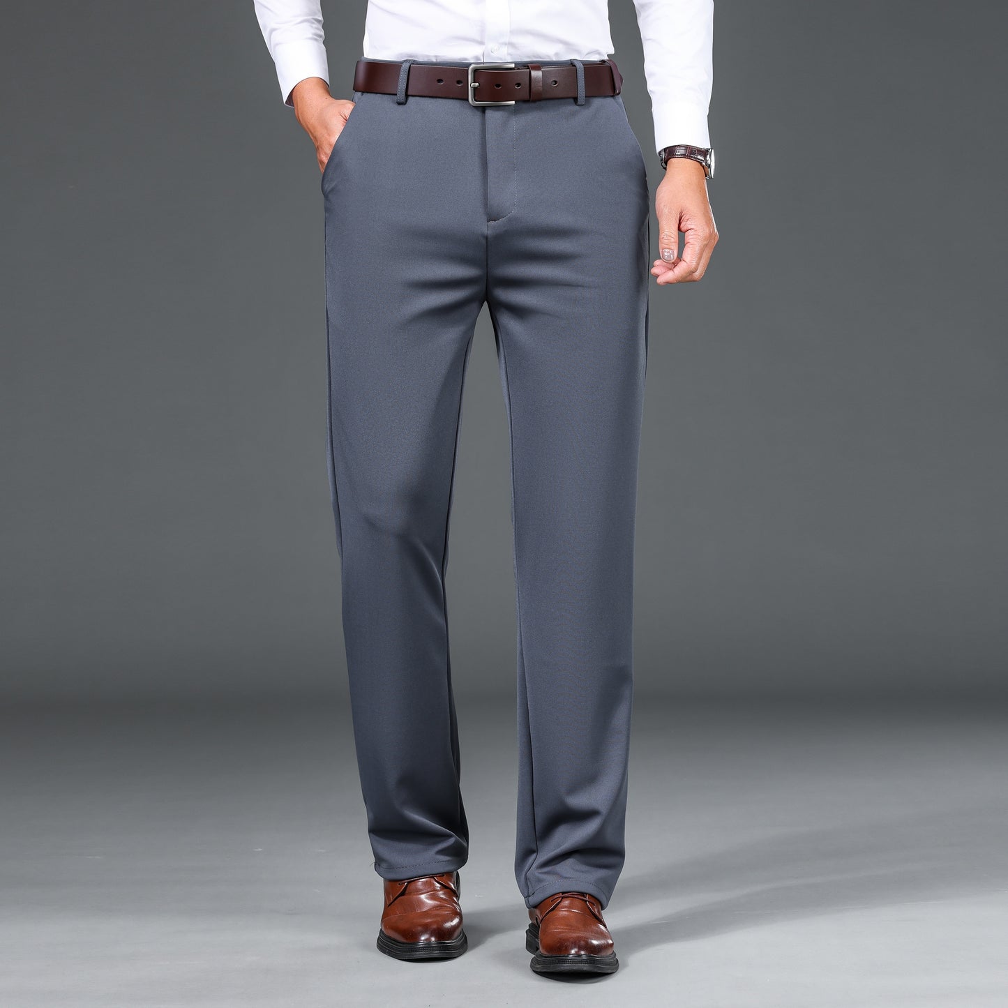 1pc Men'S Warmth Business Casual Pants, Fall/Winter Fleece-Lined Thickened Straight-Leg Trousers with Slant Pockets, Solid Color Knit Fabric Regular Fit Dress Pants with Zipper Closure, Medium Stretch Polyester
