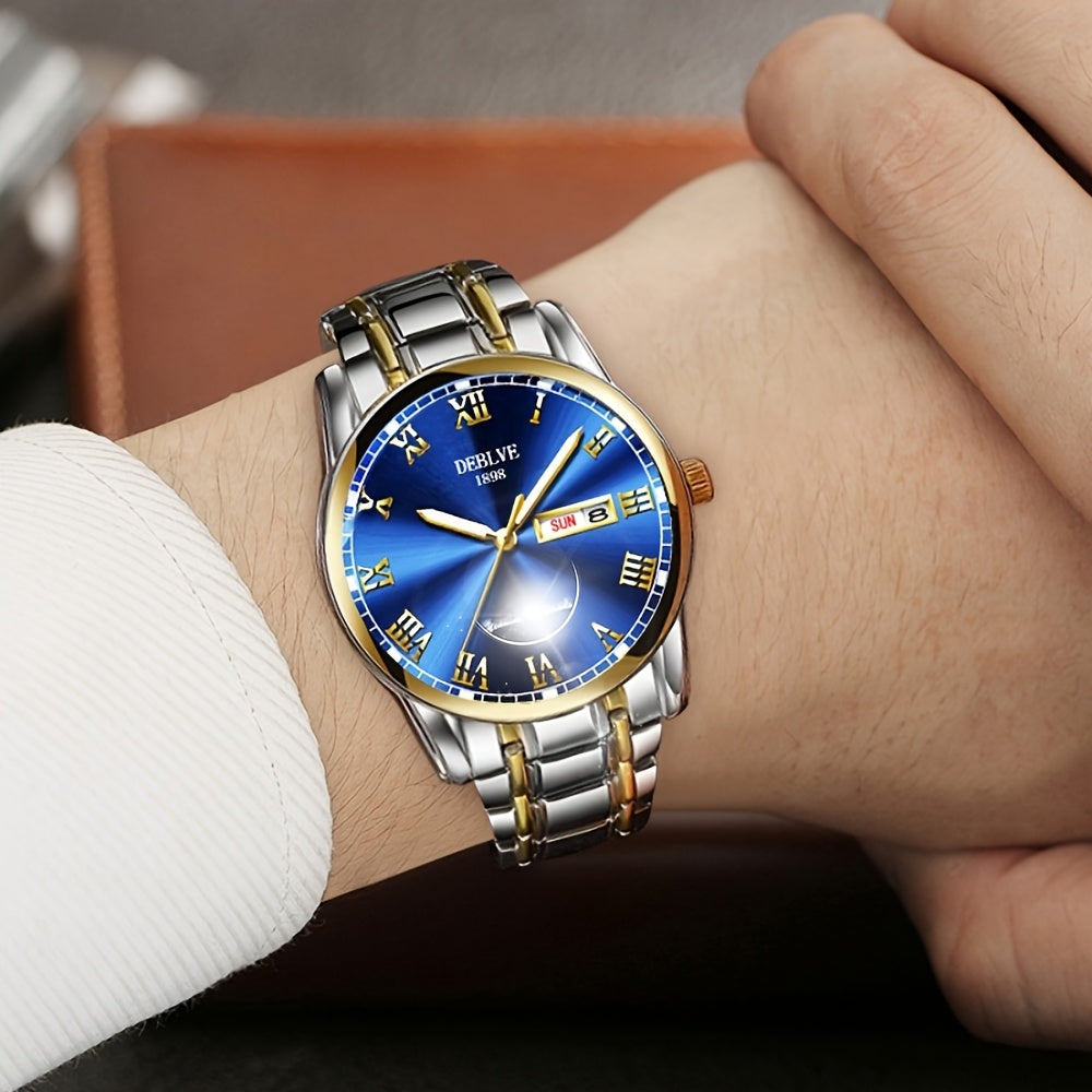 DELEVIA Women's Elegant Quartz Watch, Luminous Blue Dial with Roman Numerals, Stainless Steel Band, Date Display, Fashion Analog Wristwatch