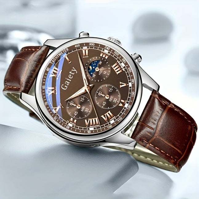 1pc GAIETY Men'S Luxury Quartz Watch with Matching Faux Leather Belt, Round Alloy Case, Non-Rechargeable Battery - Fashion Business Sport Watch Combo