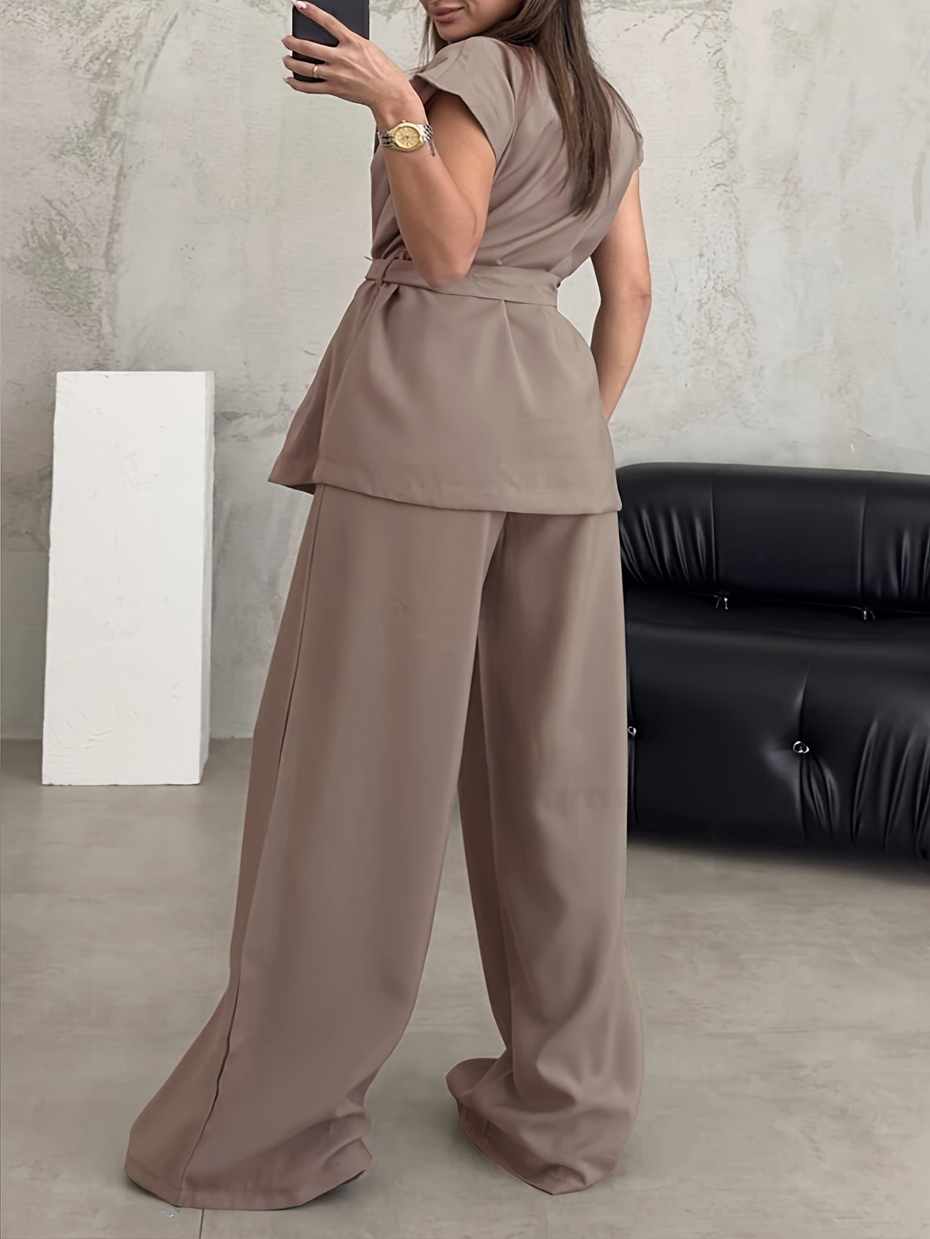 Women's Solid Color Casual Elegant Sleeveless Top and Wide-Leg Pants 2pcs Set
