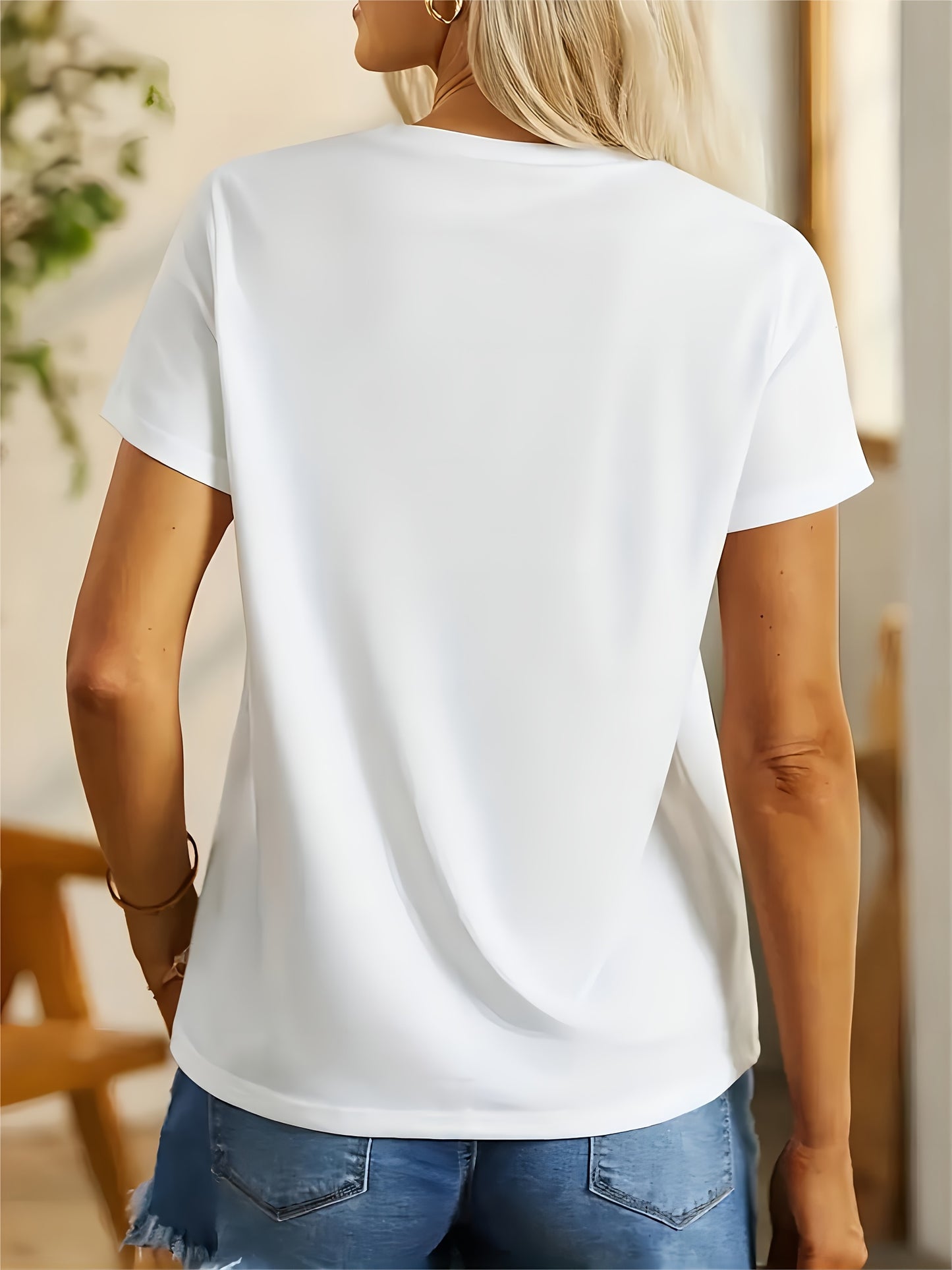 Women's Casual Sport T-Shirt, Round Neck, Heart And Happy Print, Short Sleeve, Soft Knit