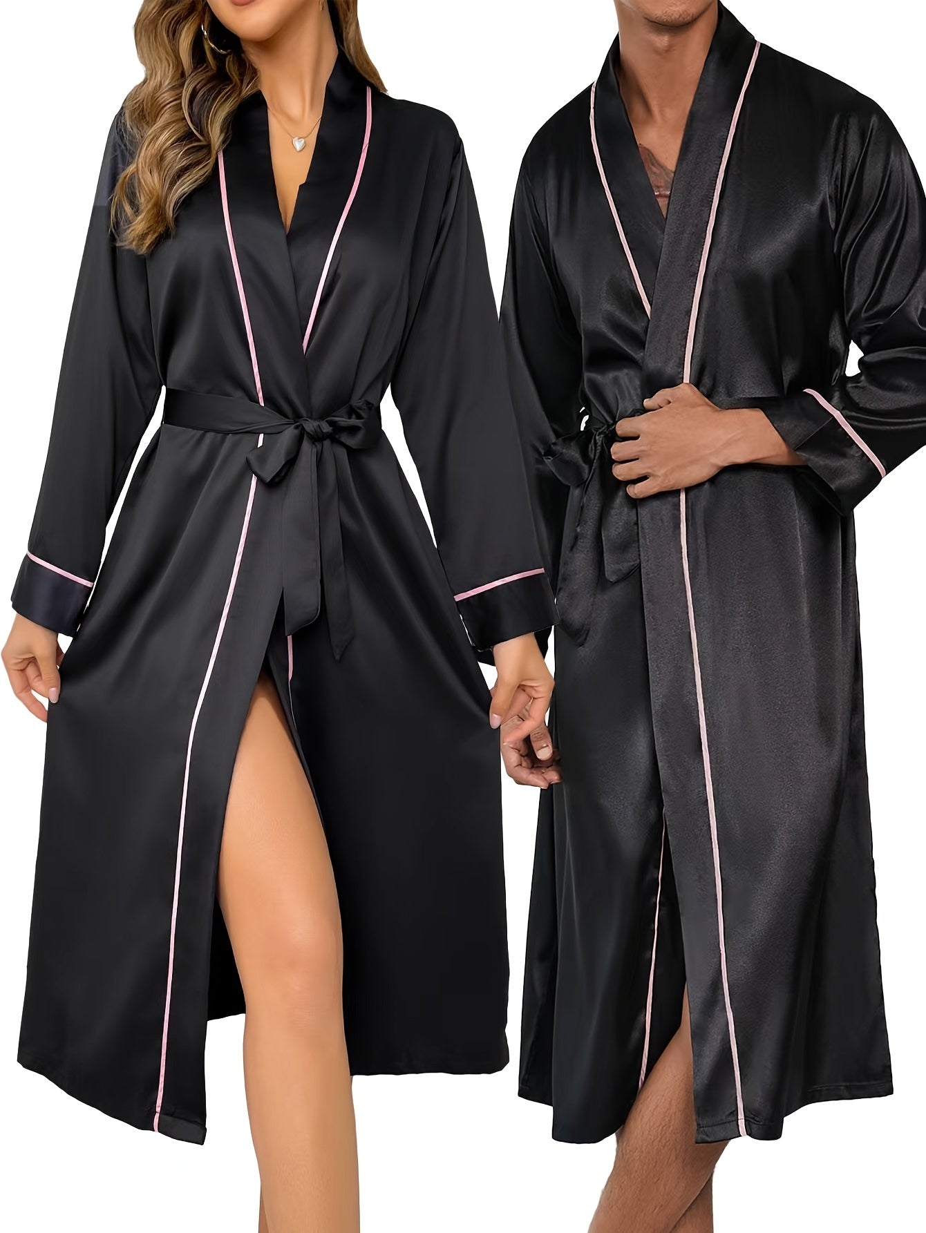 Set of Two Long, Stylish And Simple Autumn-Winter Couple'S Robes with Ties, Featuring a Sexy Open Cardigan Design for Women'S Loungewear.