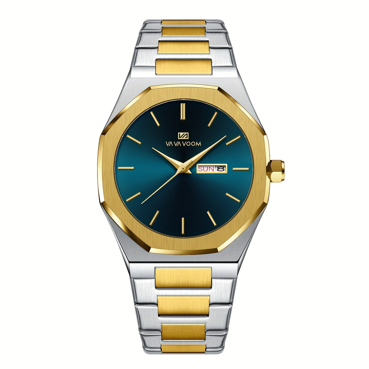 1pc Men'S Luxury Business Style Watch - Blue & Golden Stainless Steel, 42mm, Dual Calendar Quartz Movement, VA VOOM Brand, Outdoor Sports & Leisure Gift, Outdoor Sports Watch | Elegant Watch Design | Quartz Watch Movement, Lu
